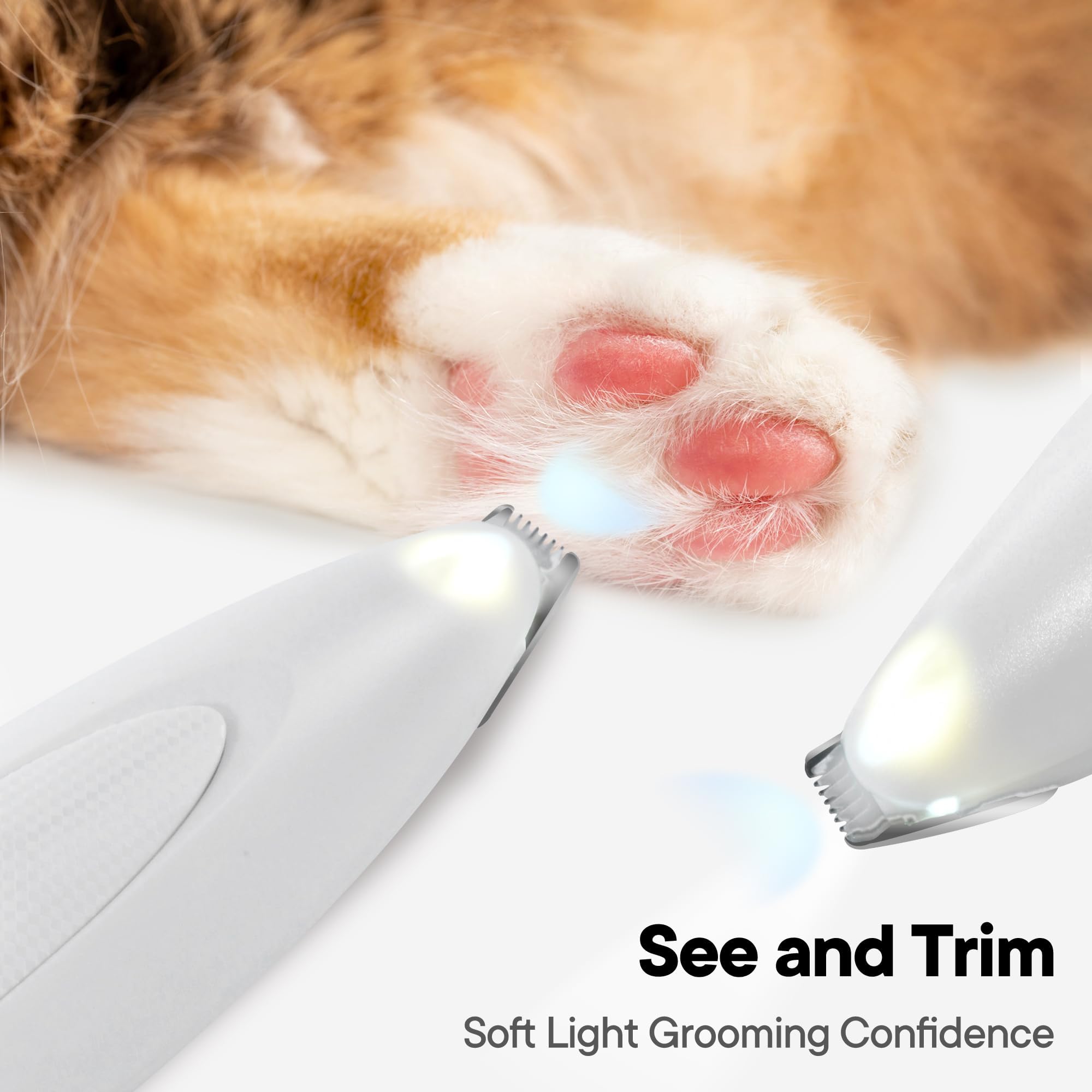 FURBONA Dog Paw Trimmer - LED Light, Rechargeable, Low Noise Grooming Clippers for Small Dogs & Cats - White Model FB-PT01WH-US
