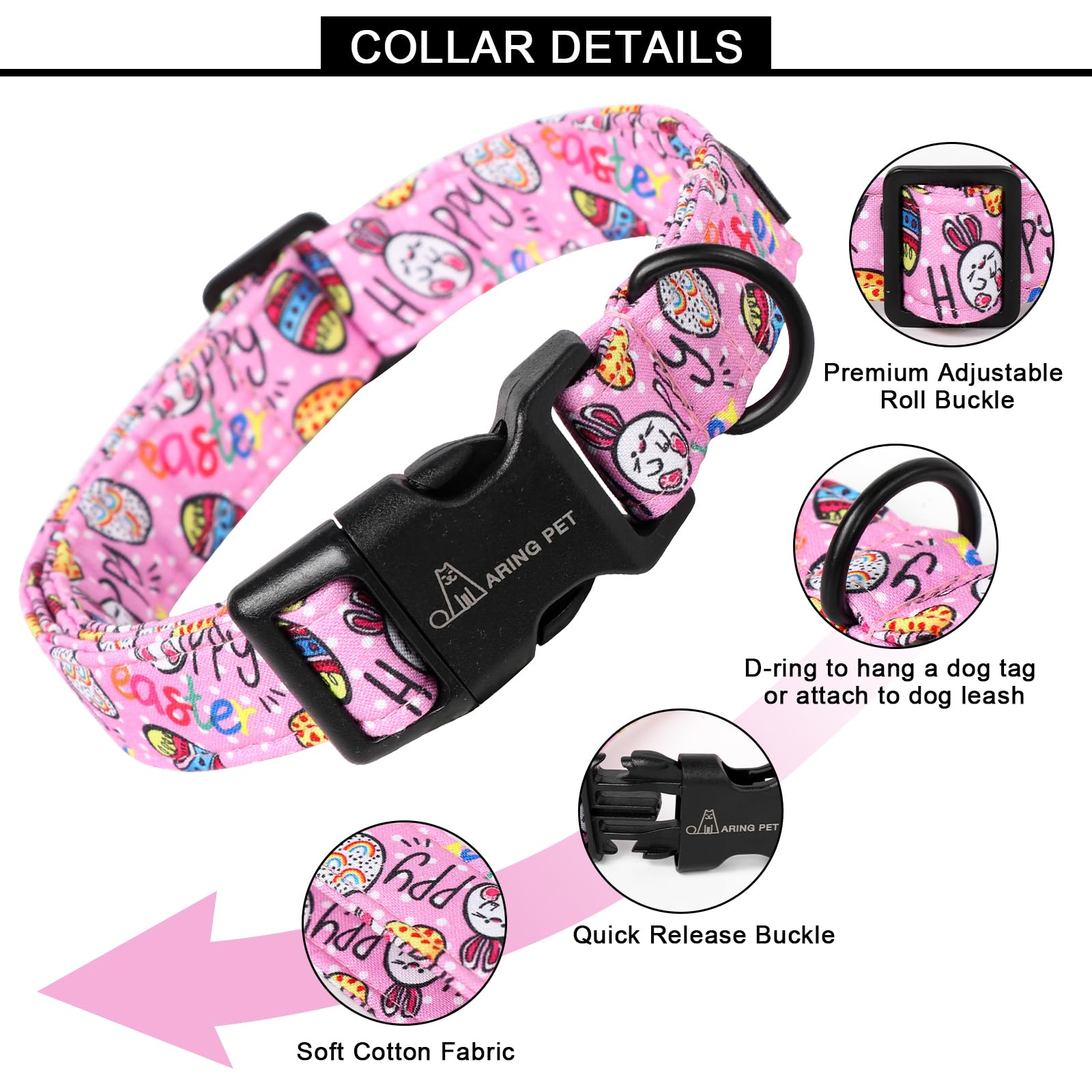 Aring Pet Cute Easter Eggs Dog Collar, Adjustable Cotton Pink Puppy Collar With Quick Release Buckle
