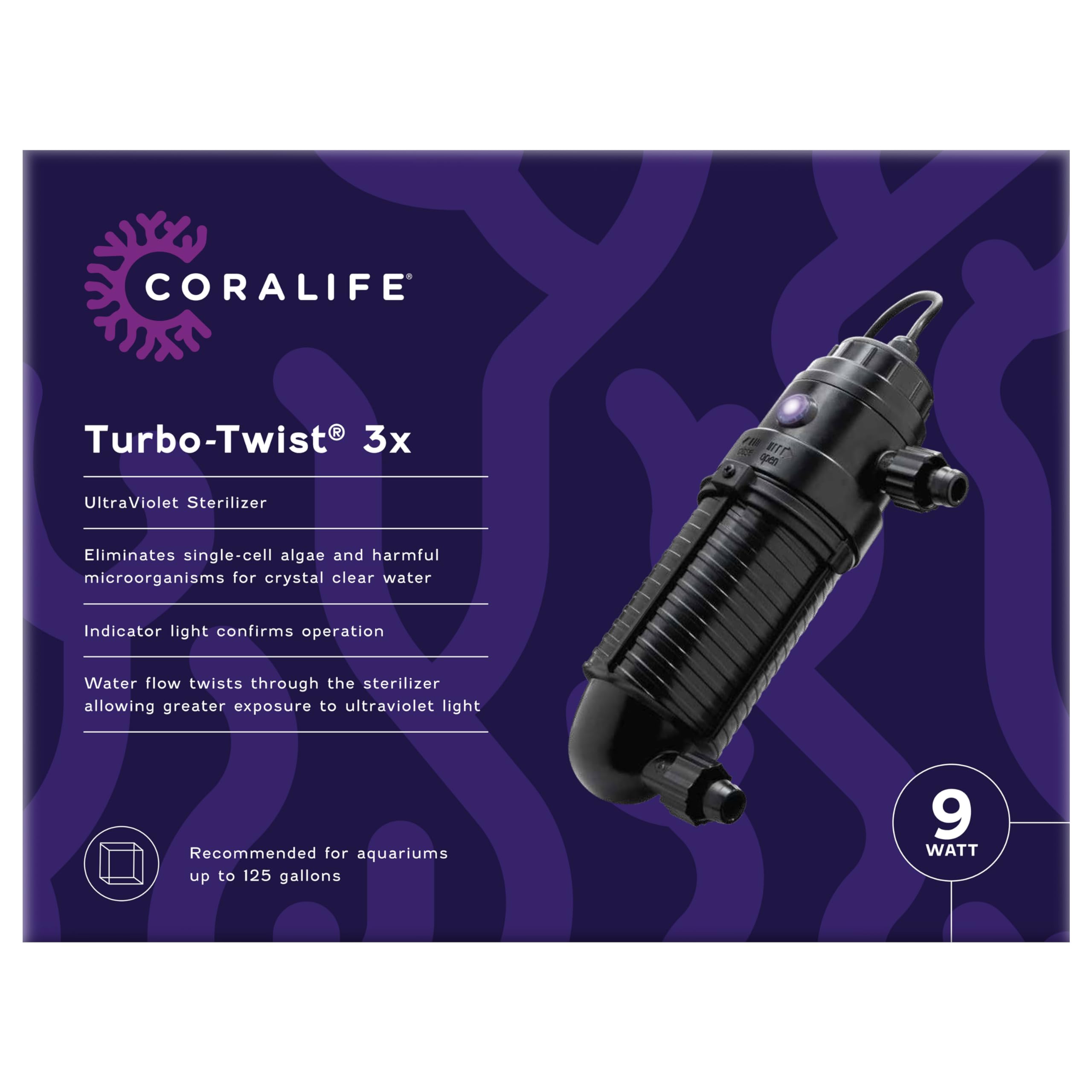 Coralife Turbo-Twist UV Sterilizer 9 Watt for Saltwater Aquariums, Up to 125 Gallons, Model 100115602