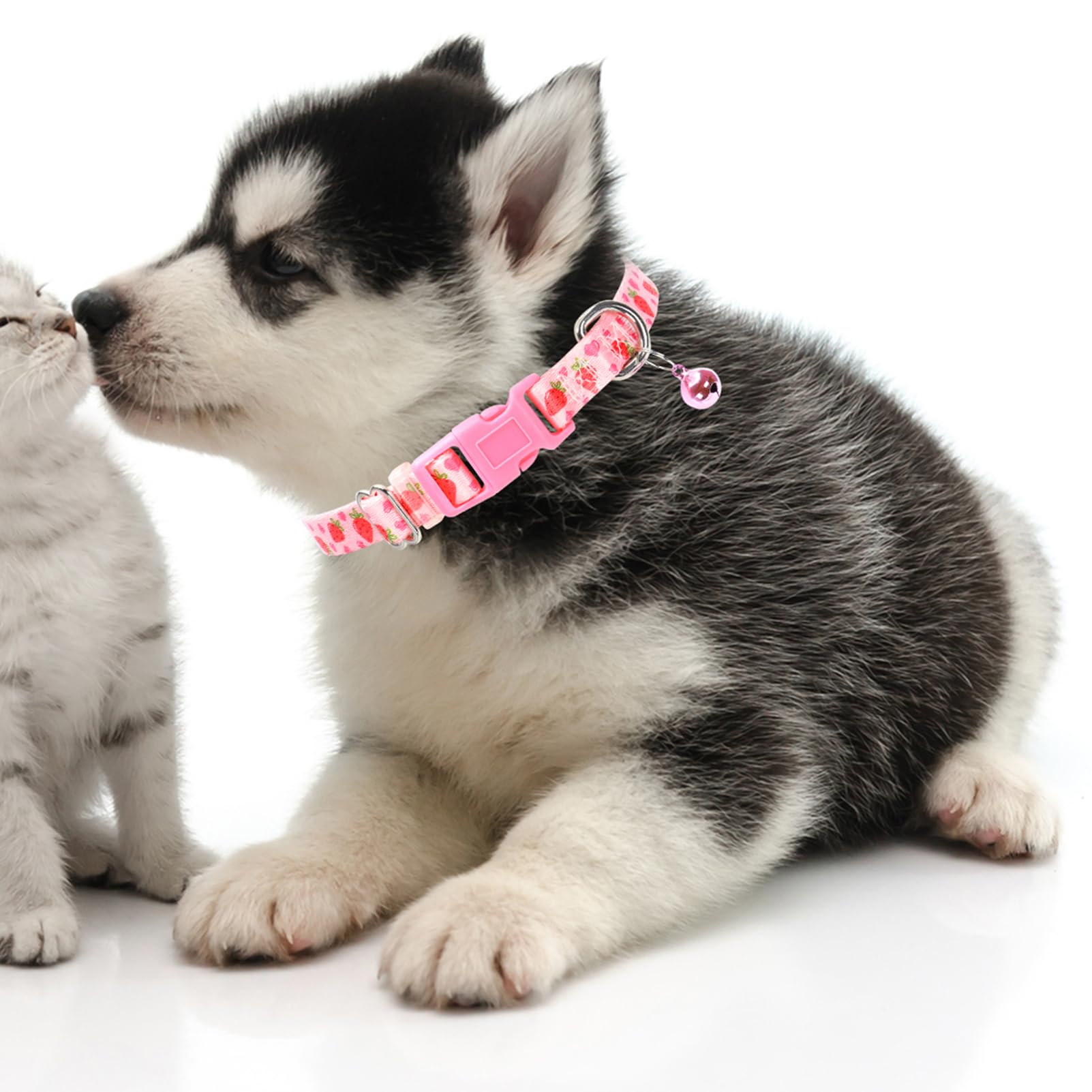 Cute Pink Small Dog Collar With Bell, Soft Adjustable Strawberry Puppy Collar Tiny Cat Collars With Bells For Xs Small Girl Fema