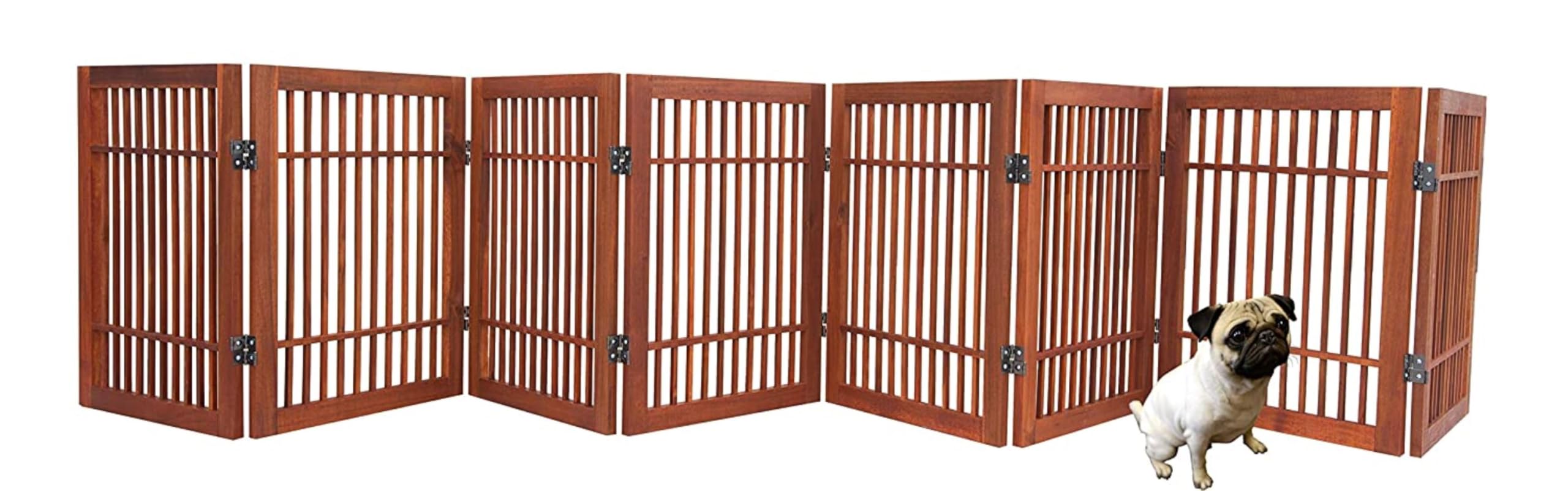 Urnporium Freestanding Pet Gate Folding Wooden Fence for Indoor & Outdoor Use, Durable Acacia Hardwood (Brown Pet Gate, 8 Panel
