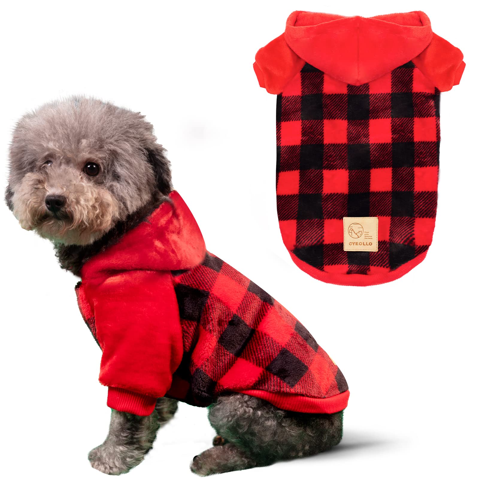 Cyeollo Dog Sweater Coat Dog Flannel Sweatshirt Dog Hoodie Puppy Winter Clothes Buffalo Plaid Dog Coats For Small Dogs Pet Appar