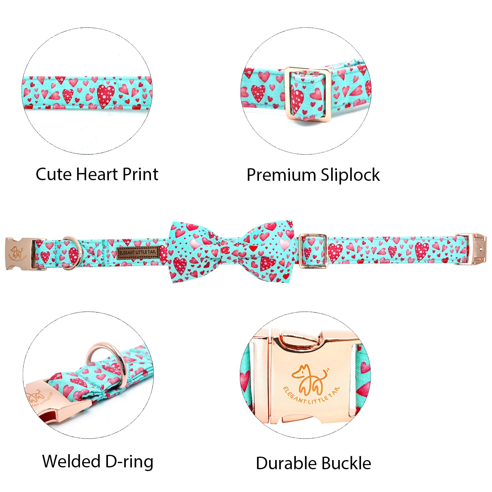 Elegant little tail Valentine's Dog Collar, Cute Pink Heart Dog Collar with Bow Soft Dog Collar Female or Male Adjustable Cotton