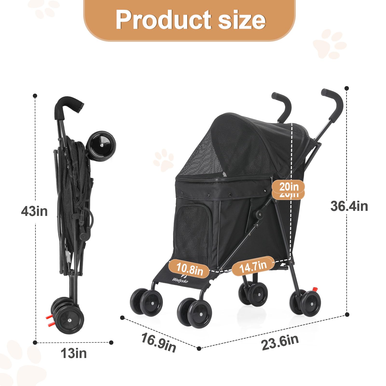Wedyvko Travel Portable Dog Stroller, Pet Stroller for Small Puppy Dogs & Cats, Up to 33 lbs, Black