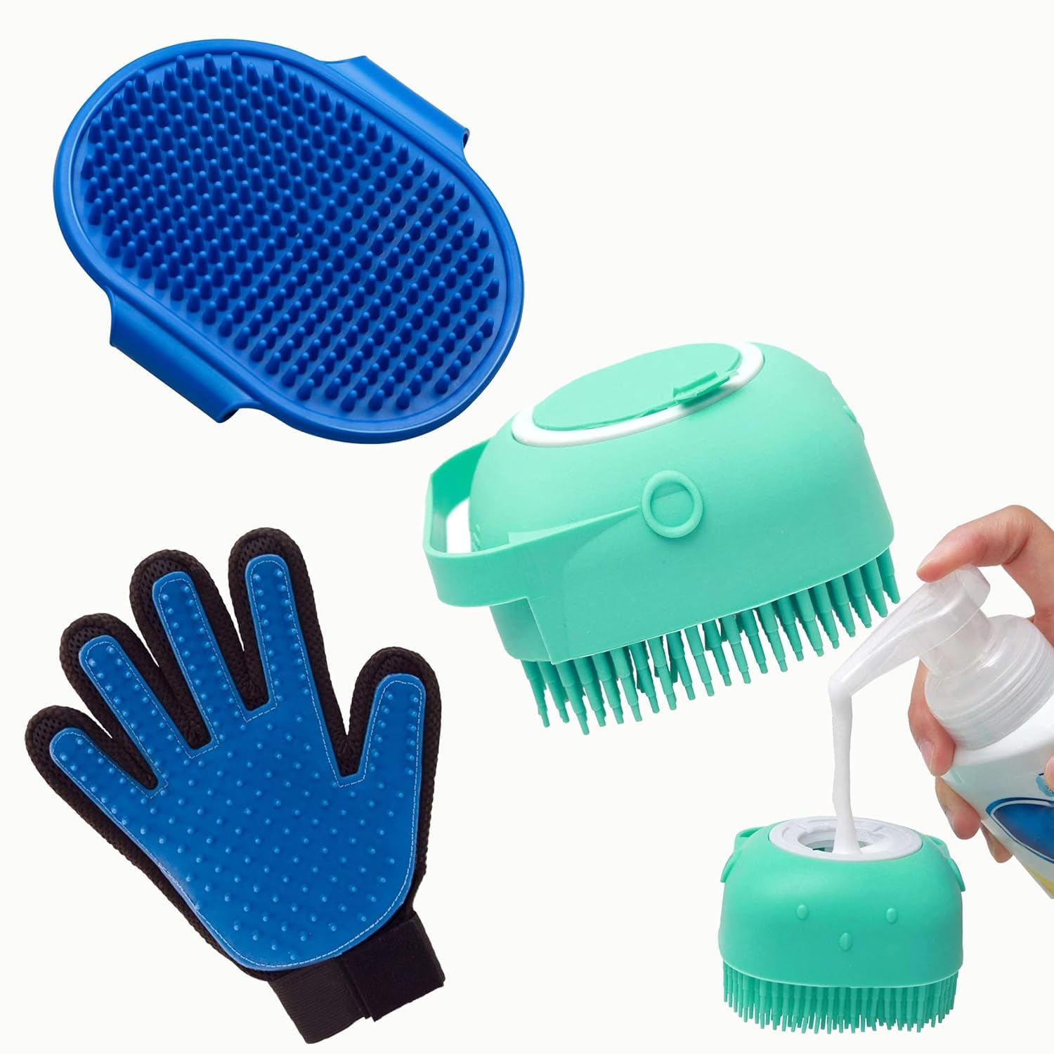 PSK PET MART Dog Hair Bath Brush (3 Pcs Combo) Pet Grooming Puppy Accessories | Soft Silicon Brush | Rubber Gloves | Cleaning Ha