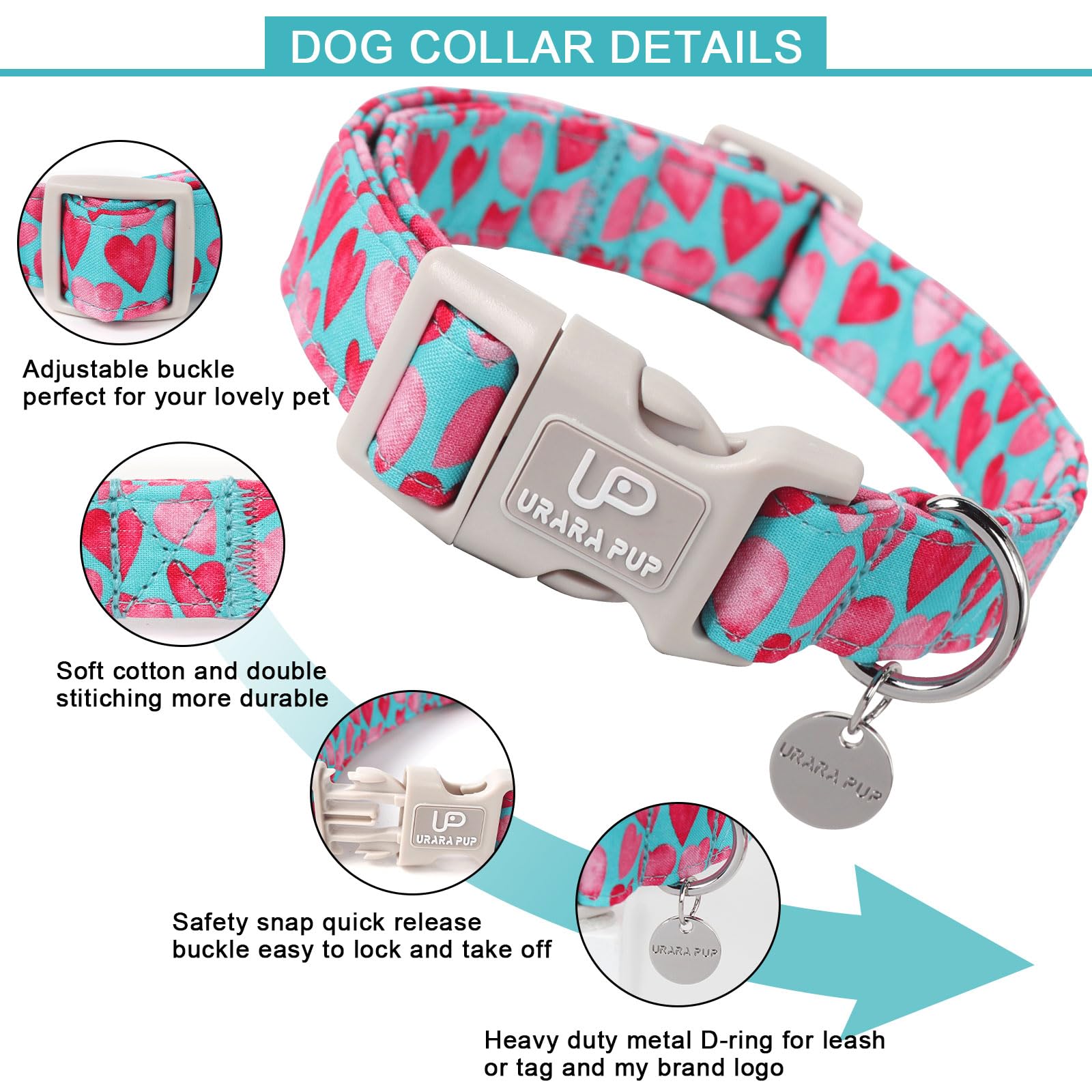 Up Urara Pup Pink Heart Dog Collar, Valentine'S Gift For Puppy Small Medium Dogs, Adjustable Size, Cotton Material, Unique Desig