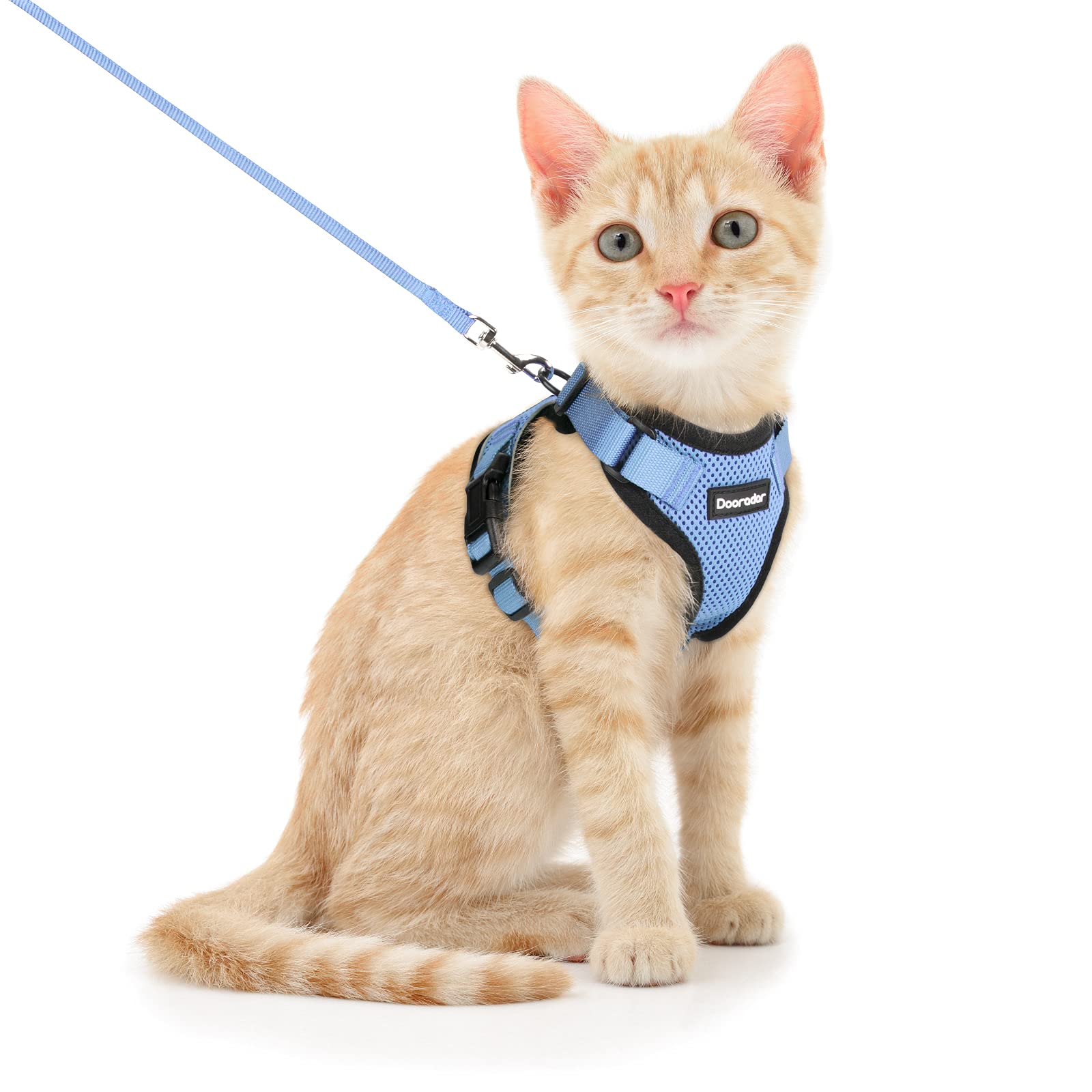Dooradar Cat Harness And Leash Set, Escape Proof Safe Adjustable Kitten Vest Harnesses For Walking, Easy Control Soft Breathable Mesh Jacket With Reflective Strips For Cats, Light Blue, S