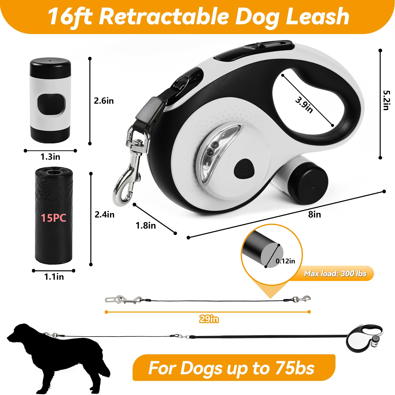 Odriew Retractable Dog Leash For Small Dogs-Medium Pet, 16Ft For Dog Up To 75Lbs, With Chew Proof Cable, Led Light, Dispenser, P