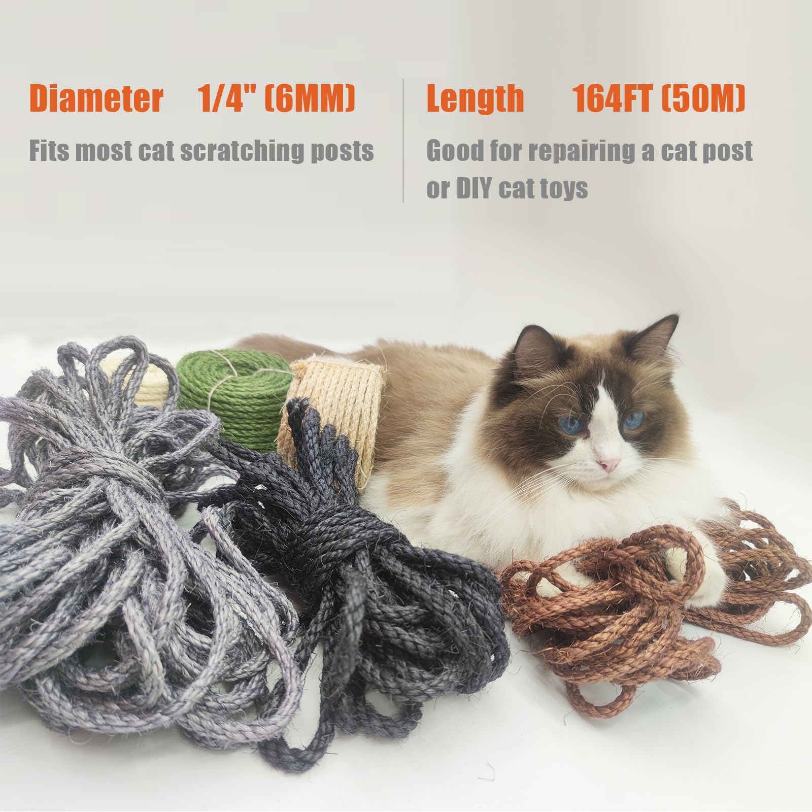 Xrzitky Natural Sisal Rope For Cat Scratcher, 1/4 Inch 164Ft Sisal Rope For Cat Scratching Post Repair Replacement, Multi Color
