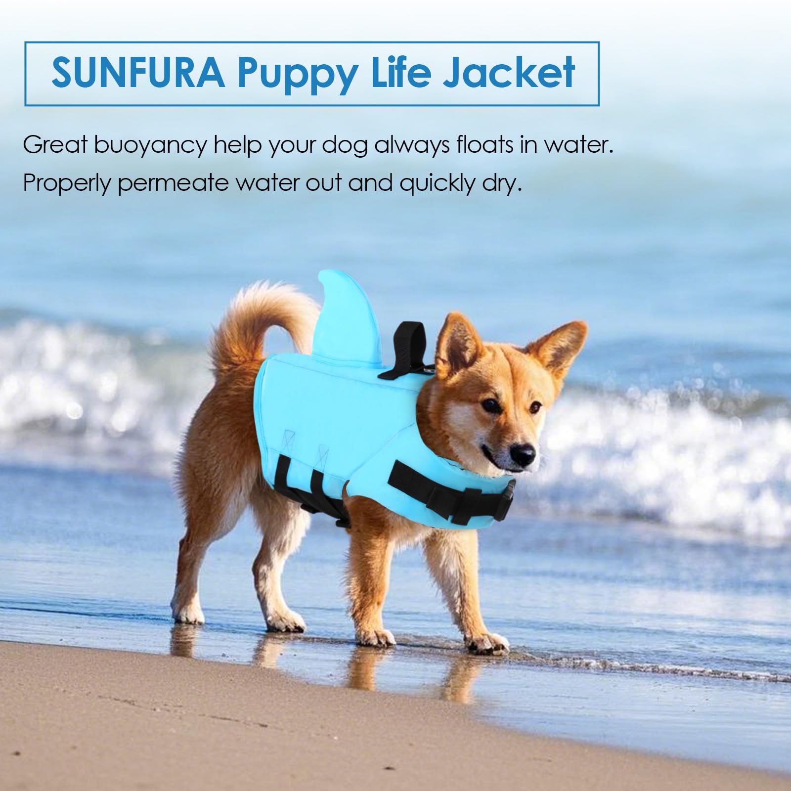 Sunfura Medium Dog Life Jacket, Shark Fin Pet Swimming Vest For Boating, Puppy Life Preserver With High Buoyancy & Rescue Handle, French Bulldog Lifesaver Swimsuit For Medium Dogs, Blue M