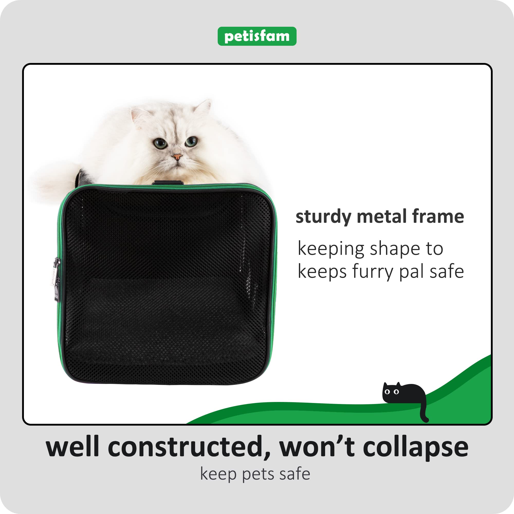 Petisfam Soft Pet Carrier Bag For Easy Travel With Medium, Large Cats, 2 Kitties And Small Dogs. Easy To Get Cat In. Easy Vet Visit. Easy Storage. Black W/Green Trim, L