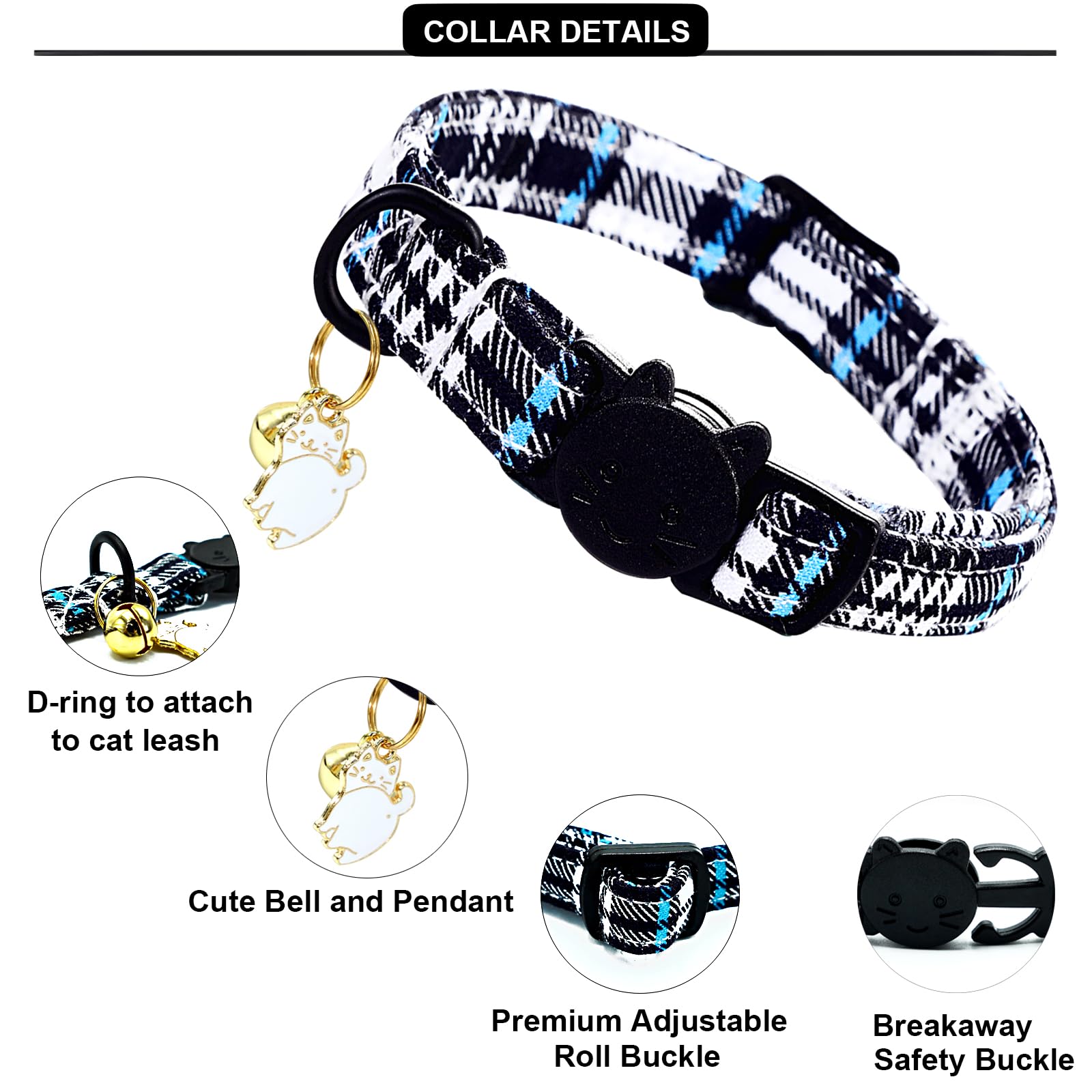 Lionheart Glory Cat Collar Breakaway With Bell & Pendant Blue Kitten Collars Soft Adjustable Safety 2 Pack Kittens For Boy Cats