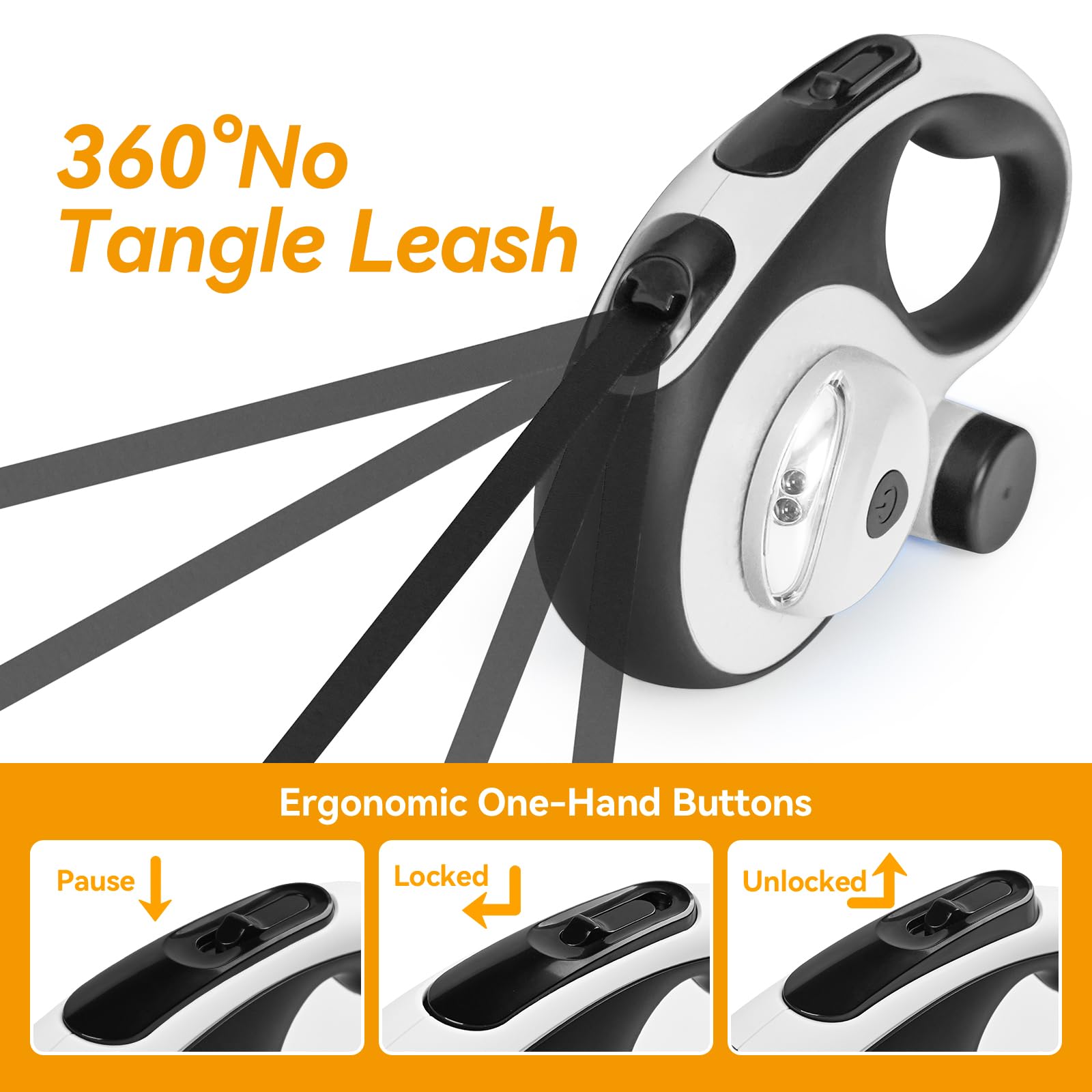 Odriew Retractable Dog Leash For Small Dogs-Medium Pet, 16Ft For Dog Up To 75Lbs, With Chew Proof Cable, Led Light, Dispenser, P