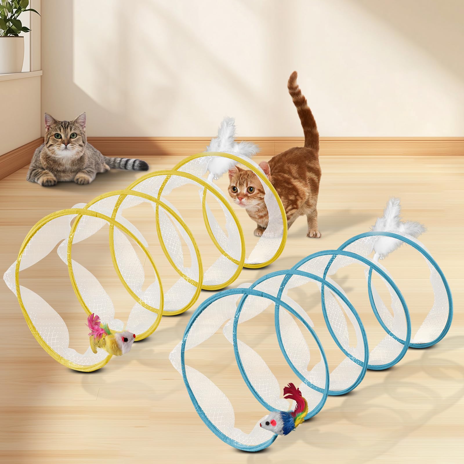 Eggsun 2-Piece Spiral Cat Tubes For Indoor Cats, Large Collapsible Tunnel With Feather Mouse Interactive Toy (Yellow + Blue)