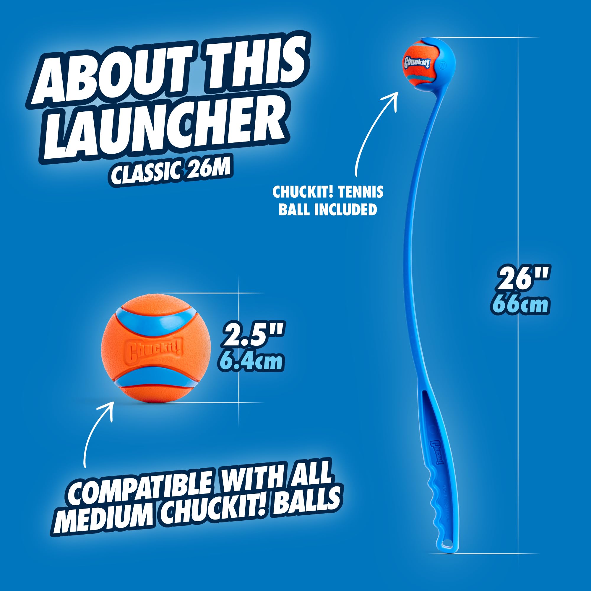 Chuckit! Ultra Dog Ball & Launcher Bundle Classic 26M 26 Length with 2 Pack Medium (2.5) Bouncy Fetch Balls for Dogs 20-60 lbs,