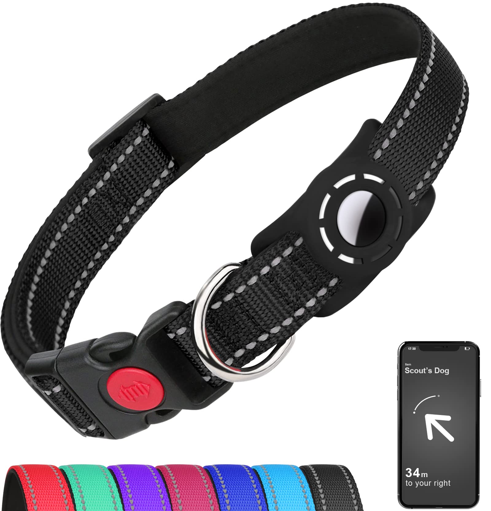 Erbine Airtag Dog Collar For Puppy Dogs, Reflective Dog Collars With Airtag Holder, Soft Padded & Safety Locking Buckle, Nylon Pet Collar Adjustable For All Breeds, Black