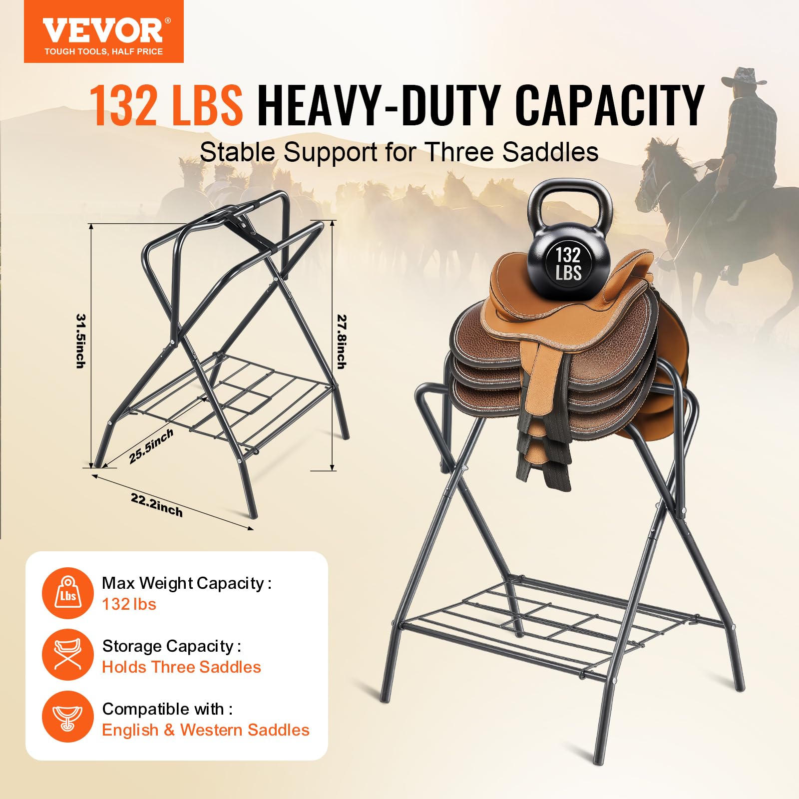 VEVOR Folding Saddle Rack, 2 Packs Freestanding Horse Saddle Stand, Portable Horse Blanket Holder, Heavy Duty Steel Saddle Rack