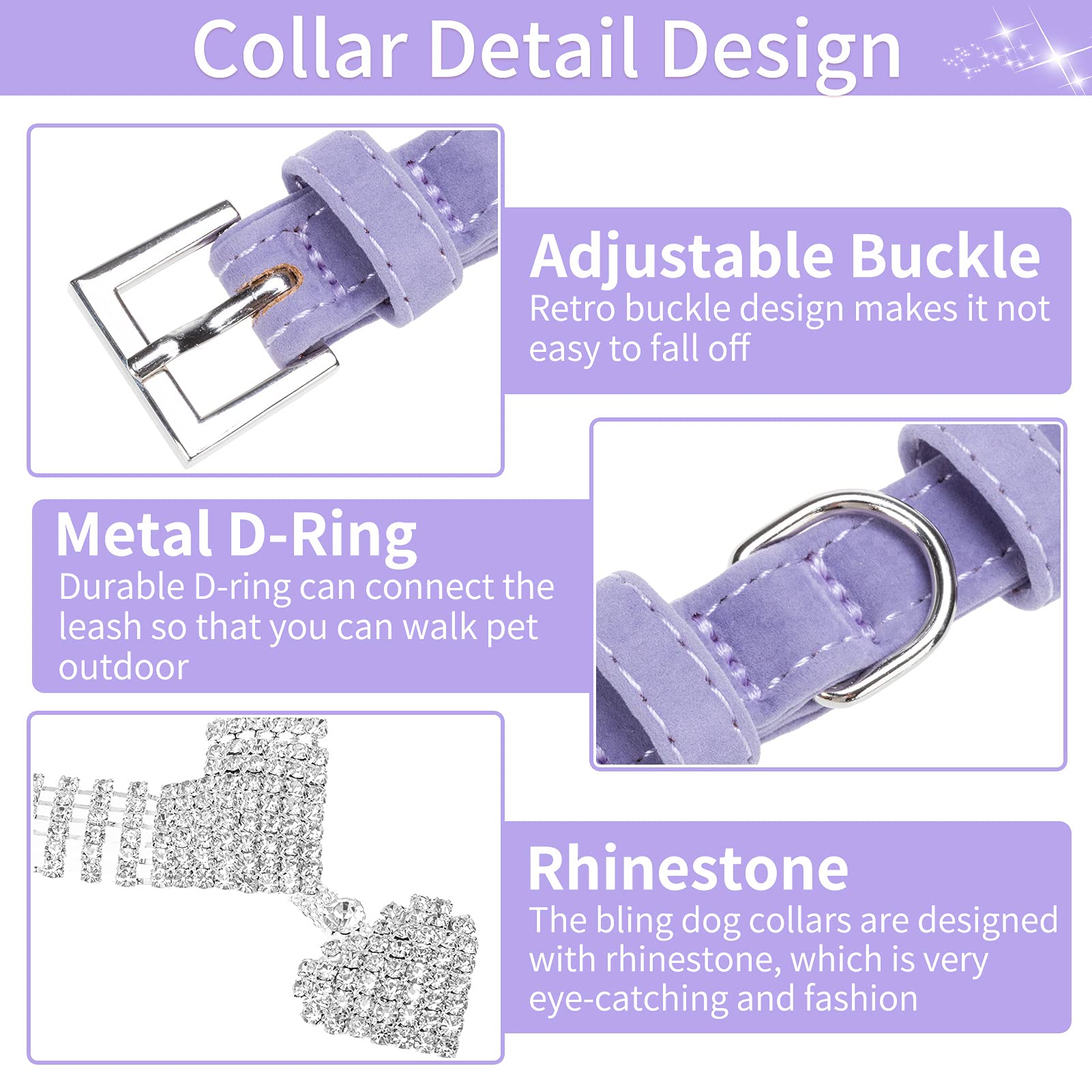 Expawlorer Cute Dog Necklace - Rhinestone Dog Collar, Soft Velvet Collar For Girl Boy Cats Dogs, Sparkling Pet Neck Decoration, Adjustable Pet Collar For Puppies Cats Small Medium Dogs, Purple M