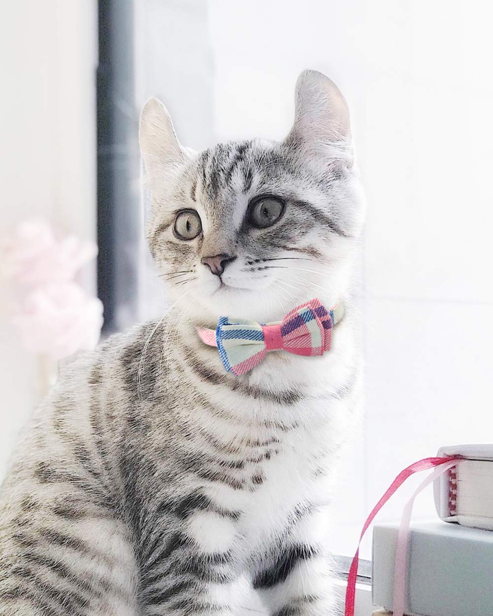 Joytale Upgraded Cat Collar With Bells, Breakaway Cat Collars With Bow Tie, 2 Pack Girl Boy Safety Plaid Kitten Collars, Pink+Re