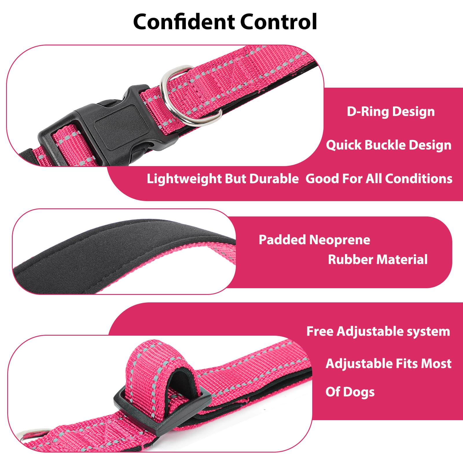 Penseepet Reflective Dog Collar Padded With Soft Neoprene Breathable Quick Release Basic Dog Collars For Puppy Small Dogs Hot Pink