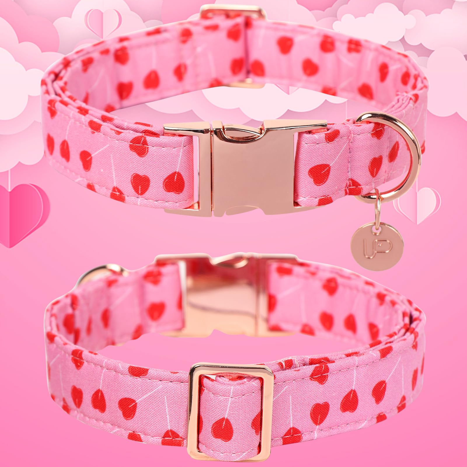 Up Urara Pup Valentine'S Dog Collar, Pink Heart Pattern, Cotton, Adjustable Size, Metal Buckle, Medium, Pink, For Small, Medium,
