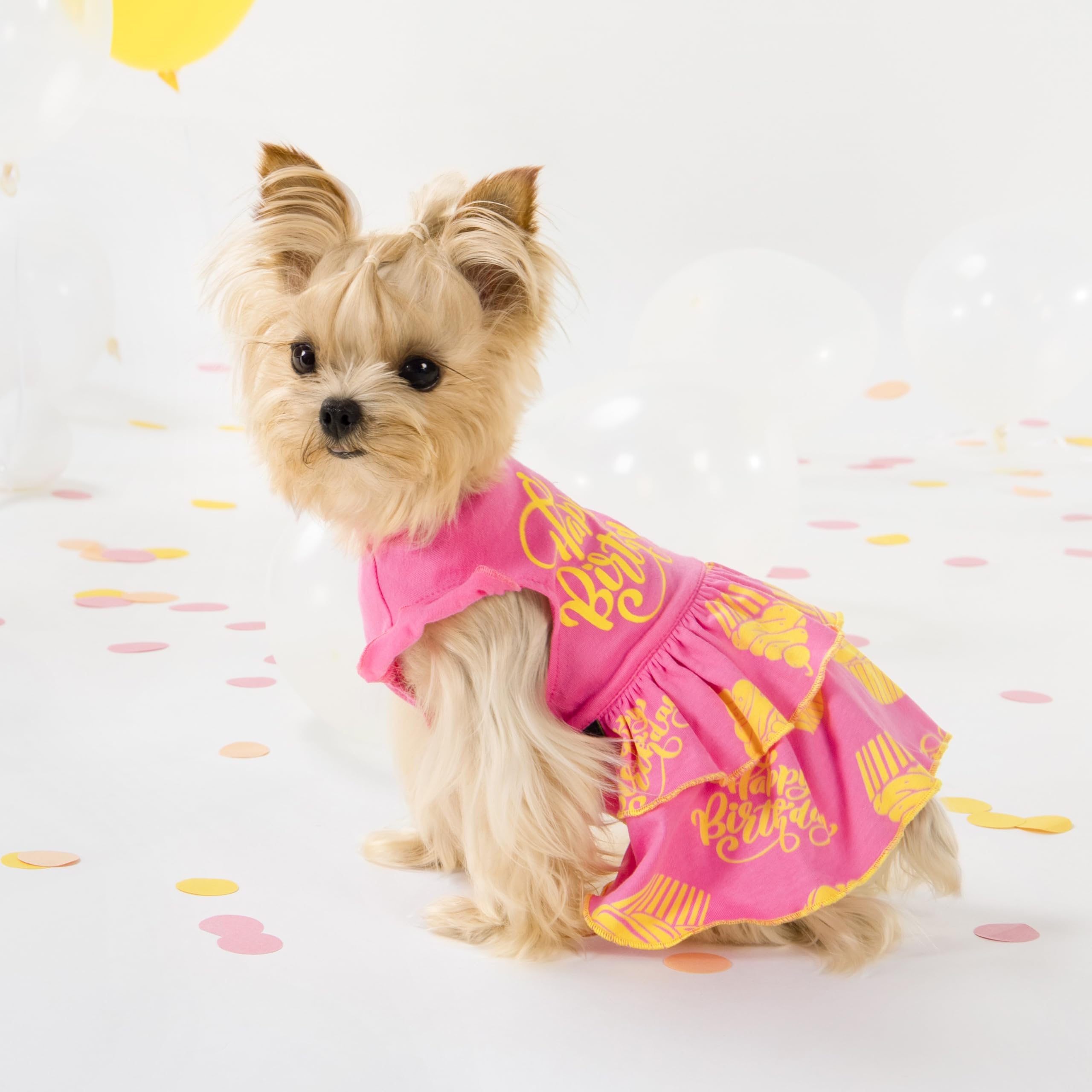 Fitwarm Happy Birthday Dog Tiered Dress, Dog Clothes For Small Dogs Girl, Pet Birthday Outfit, Doggy Apparel, Yellow, Rose Pink,
