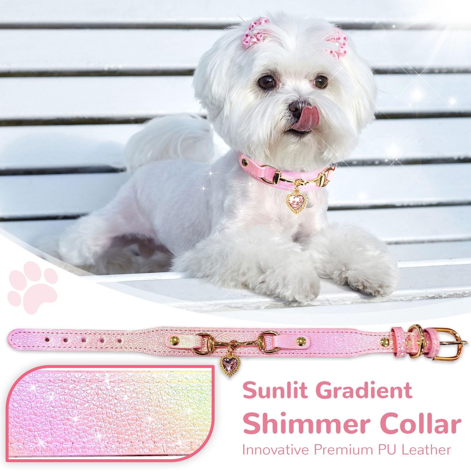 Petcare Cute Small Dog Cat Collar, Unique Pu Leather - Bling Sparkle In The Sunlit, Puppy Collars With Rhinestone Heart Pendant,