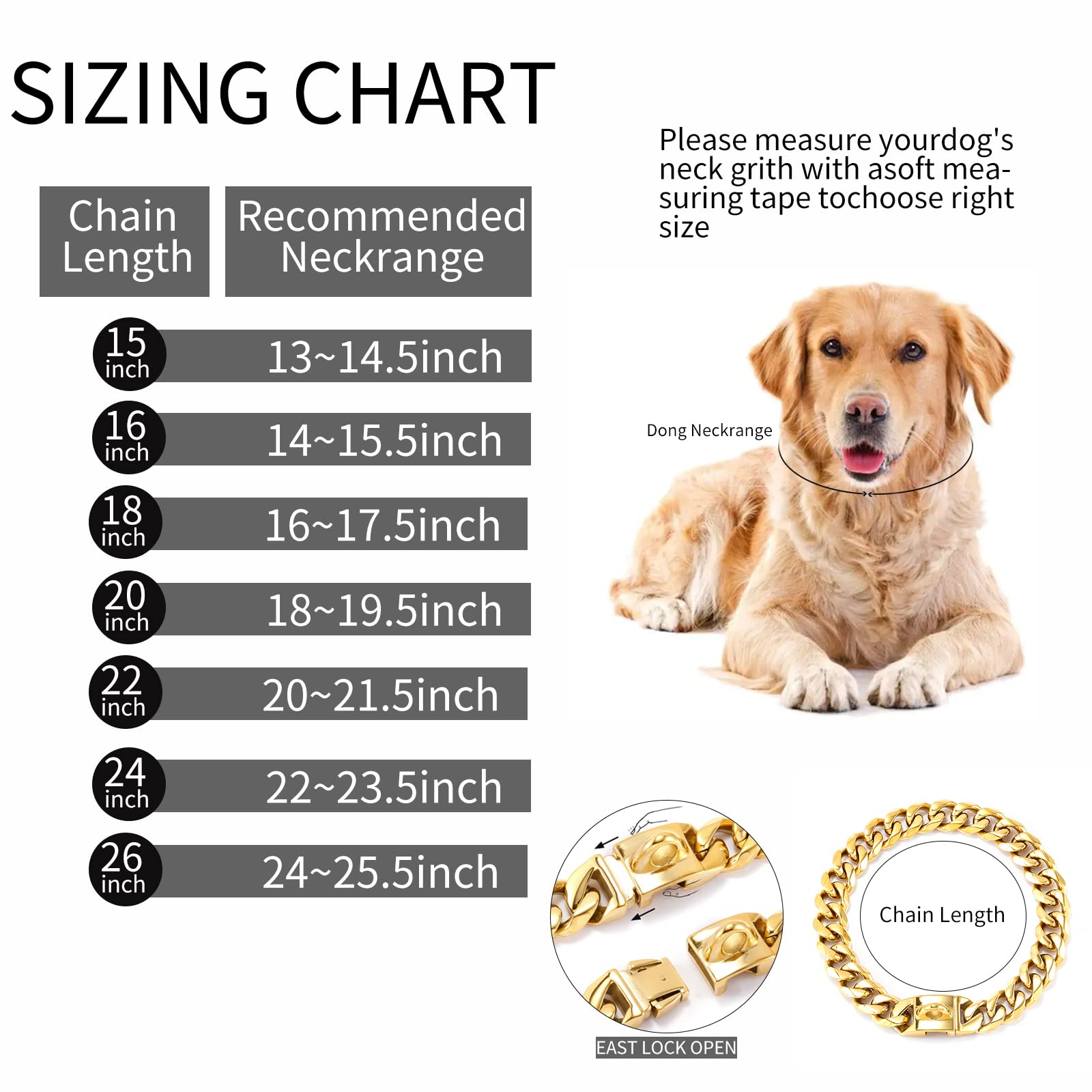 Captainsteel Stainless Steel Cuban Dog Collar, 19Mm Wide Medium/Large Dog Neck Chain - Length 15/16/18/20/22/24/26 Inch, Gold Plated/Stainless Steel Heavy Duty Dog Collar
