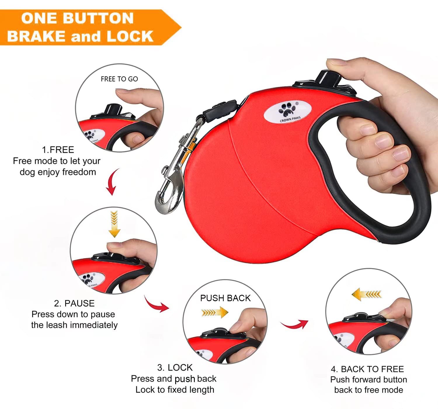 CROWN PAWS 16ft Retractable Dog Leash for Large Dogs up to 110 lbs, Red, with Chew Proof Extender Wire Ropes