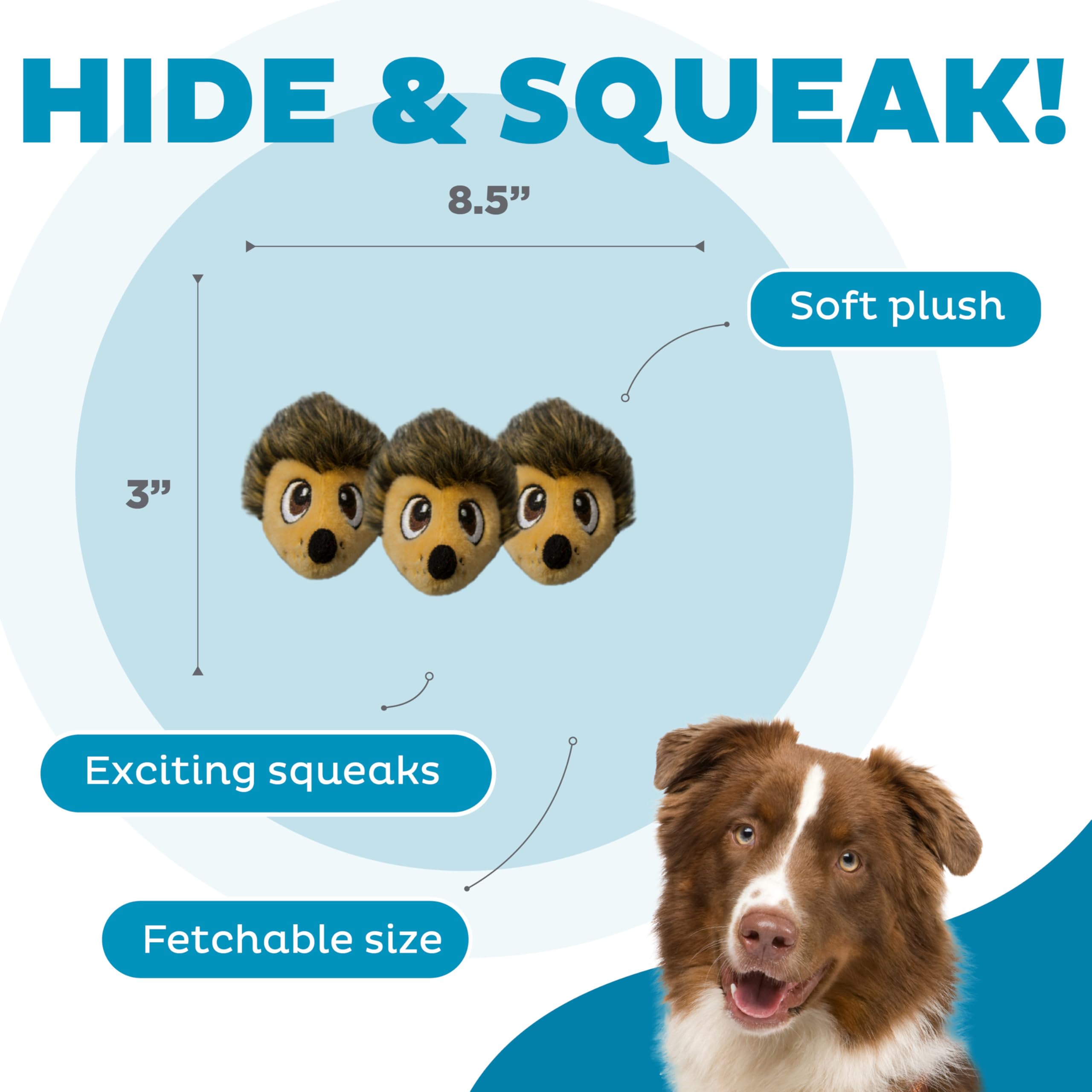 Outward Hound Squeakin' Hedgiez Plush Dog Toys, 3 Pack, Hedgehog, Polyester, Model 67566