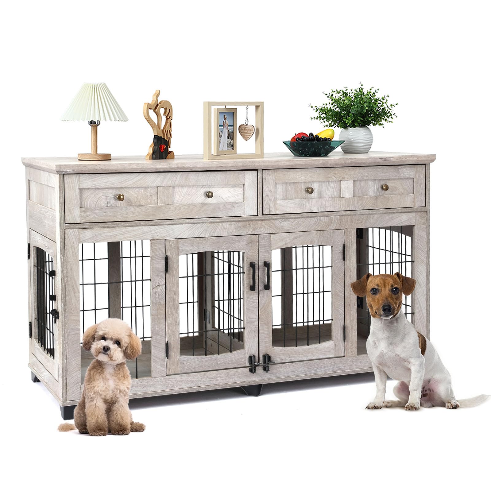 Dog Crate Furniture with 5 Doors, 58 Wooden Dog Kennel End Table with Large Capacity Drawers, Dog House with Openable Divider fo