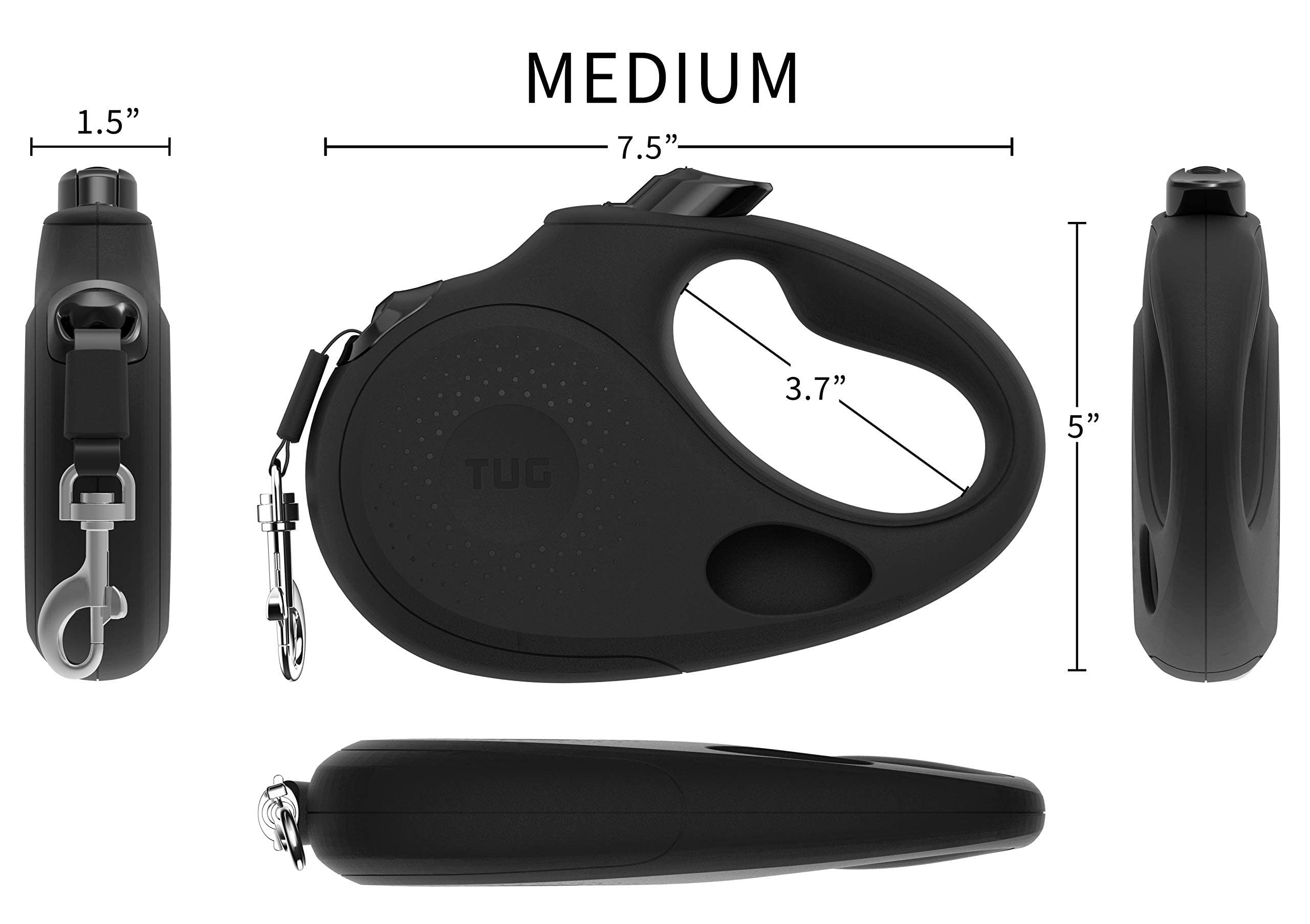 TUG Retractable Dog Leash with Waste Bag Dispenser, Medium, Black, Tangle-Free, Nylon