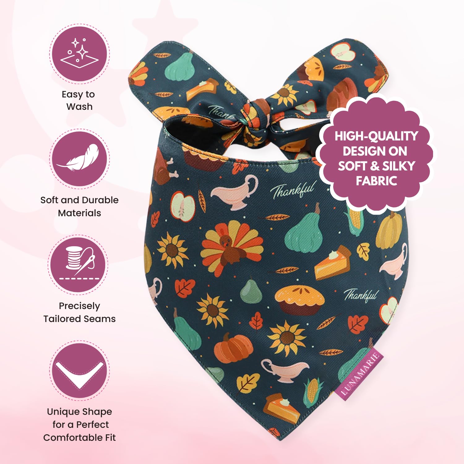 Lunamarie - Luxury Pet Birthday Bandanas -Premium & Silky Poly Fabric | 100% Handmade | Custom Shape Dual Layered (Thanksgiving,