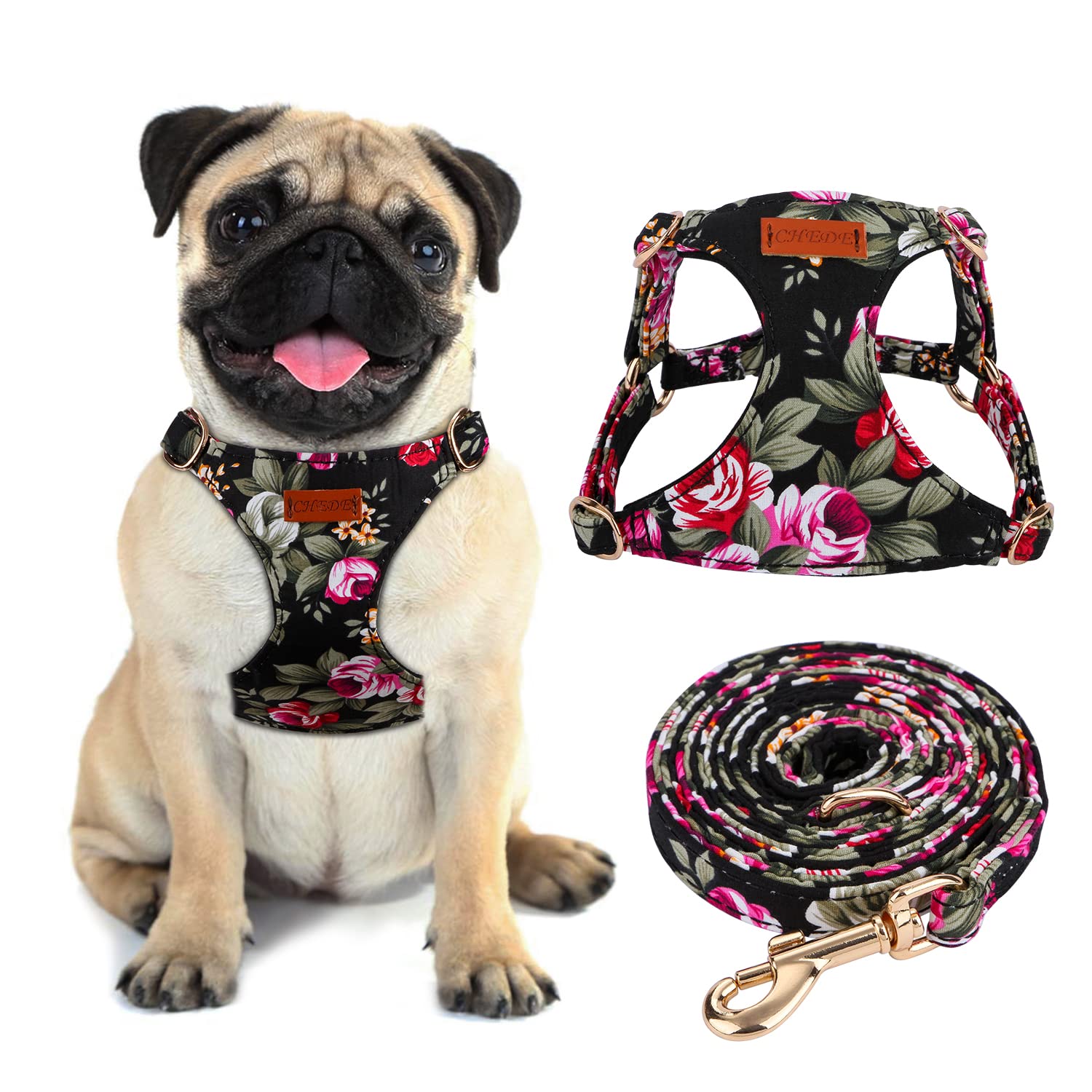 CHEDE Floral Pattern Dog Harness - Lightweight, Soft, Adjustable, Small & Medium Dog Harness and Leash Set, Suitable for Puppy (