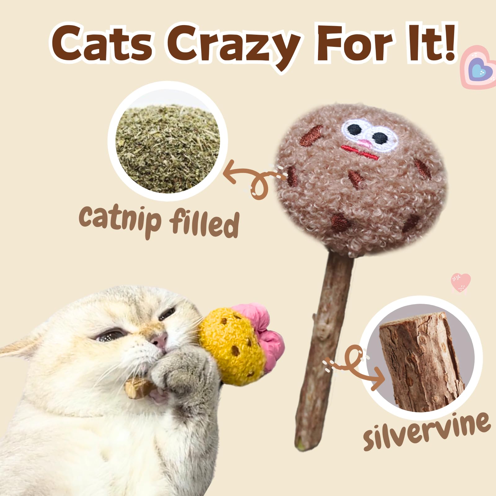 Cece Paw 4 Pack Catnip & Silvervine Lollipops, Cat Chew Toy For Kitten Teething, Interactive Cat Toy For Bored Indoor Cats, Cat