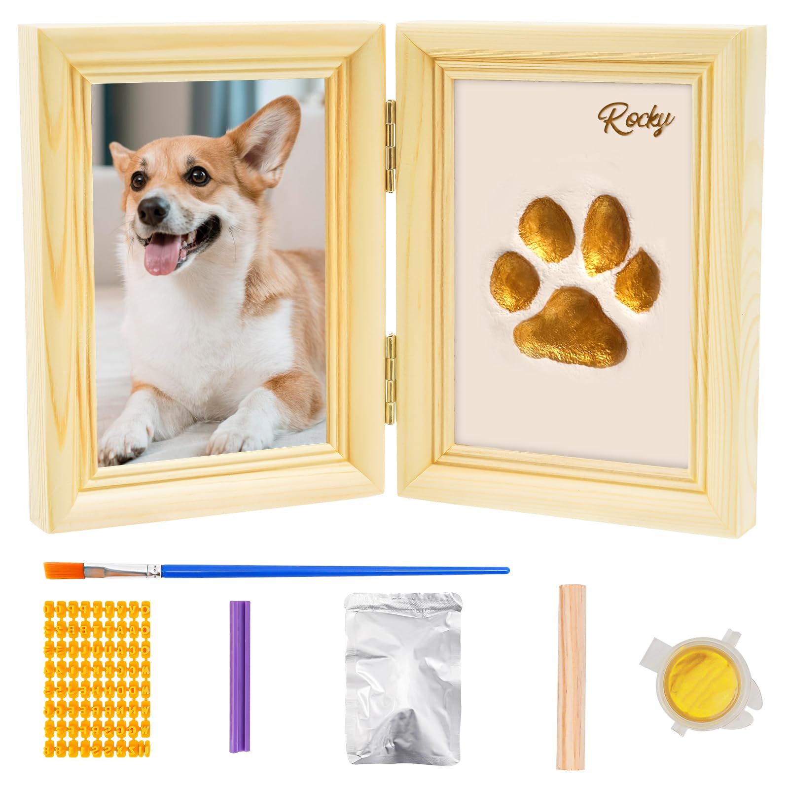 Avont Paw Print Kit with Picture Frame & Imprint Clay, Pawprint Impression Keepsake for Dogs & Cats, Wooden Memorial Desk Displa