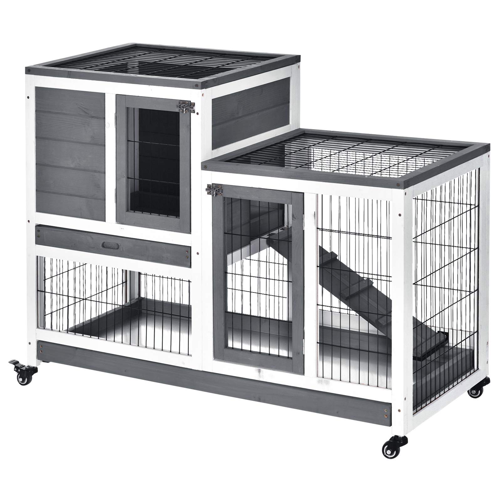 Pawhut Wooden Rabbit Hutch Elevated Bunny Cage Indoor Small Animal Habitat With Enclosed Run With Wheels, Ramp, Removable Tray I