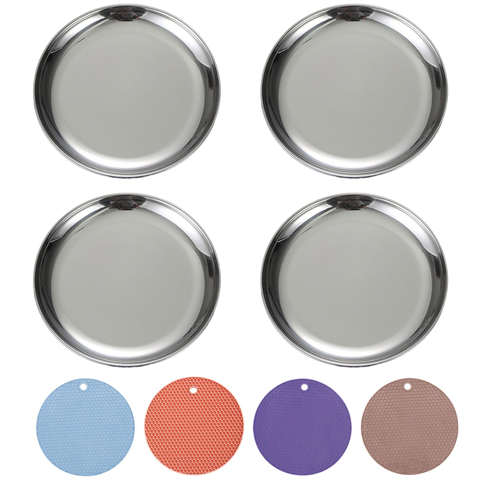 RMNHPTK Cat Food Dishes, Stainless Steel Shallow Bowl Relief Whisker Fatigue Cat Plate with Non-Slip Mats Basic Metal Dish (4 PC