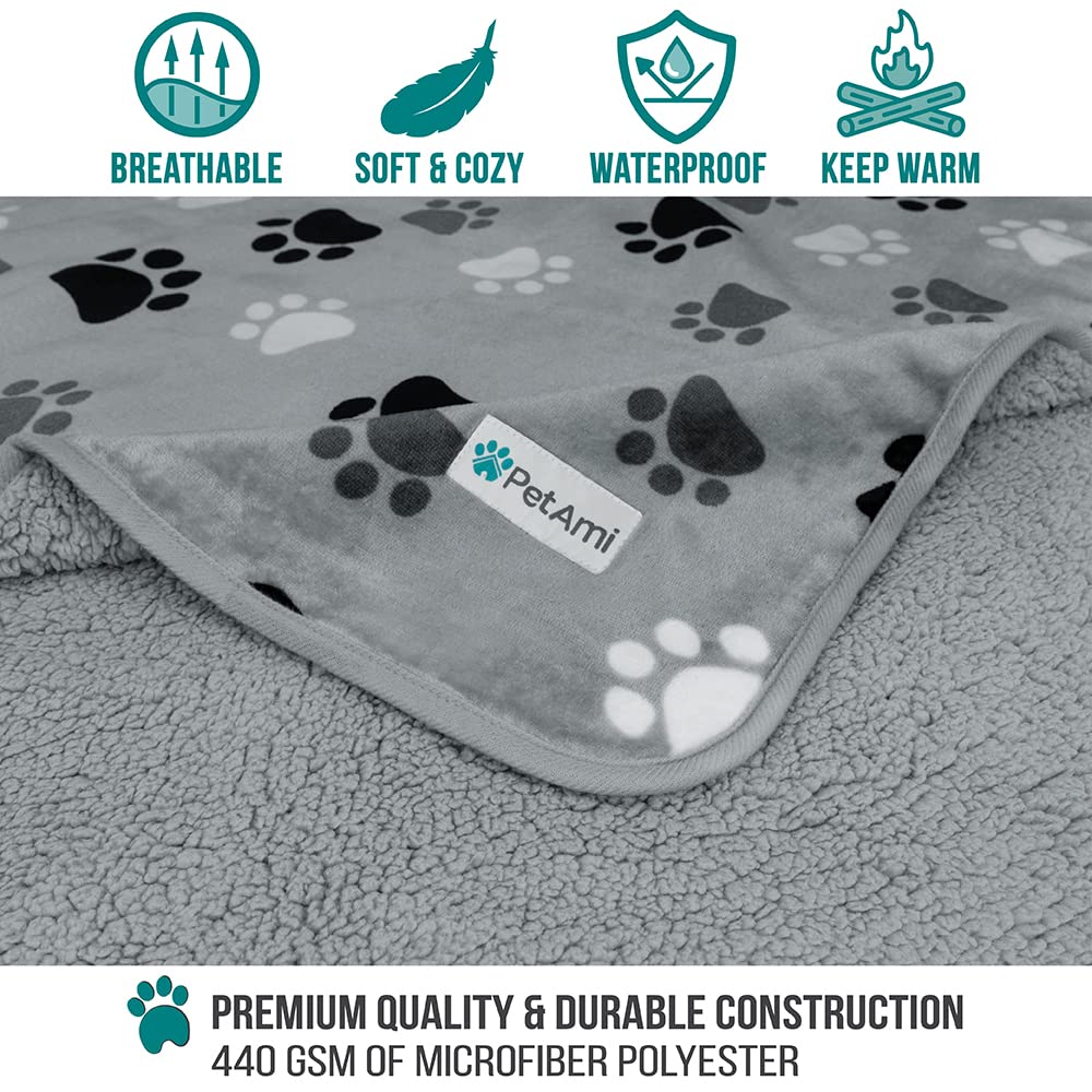 Petami Waterproof Dog Blanket For Medium Large Dogs, Pee Proof Pet Blanket Sherpa Fleece Couch Cover, Reversible Cat Throw Bed Sofa Protector, Soft Plush Washable Pad (Large 40X60, Paw Print Gray)