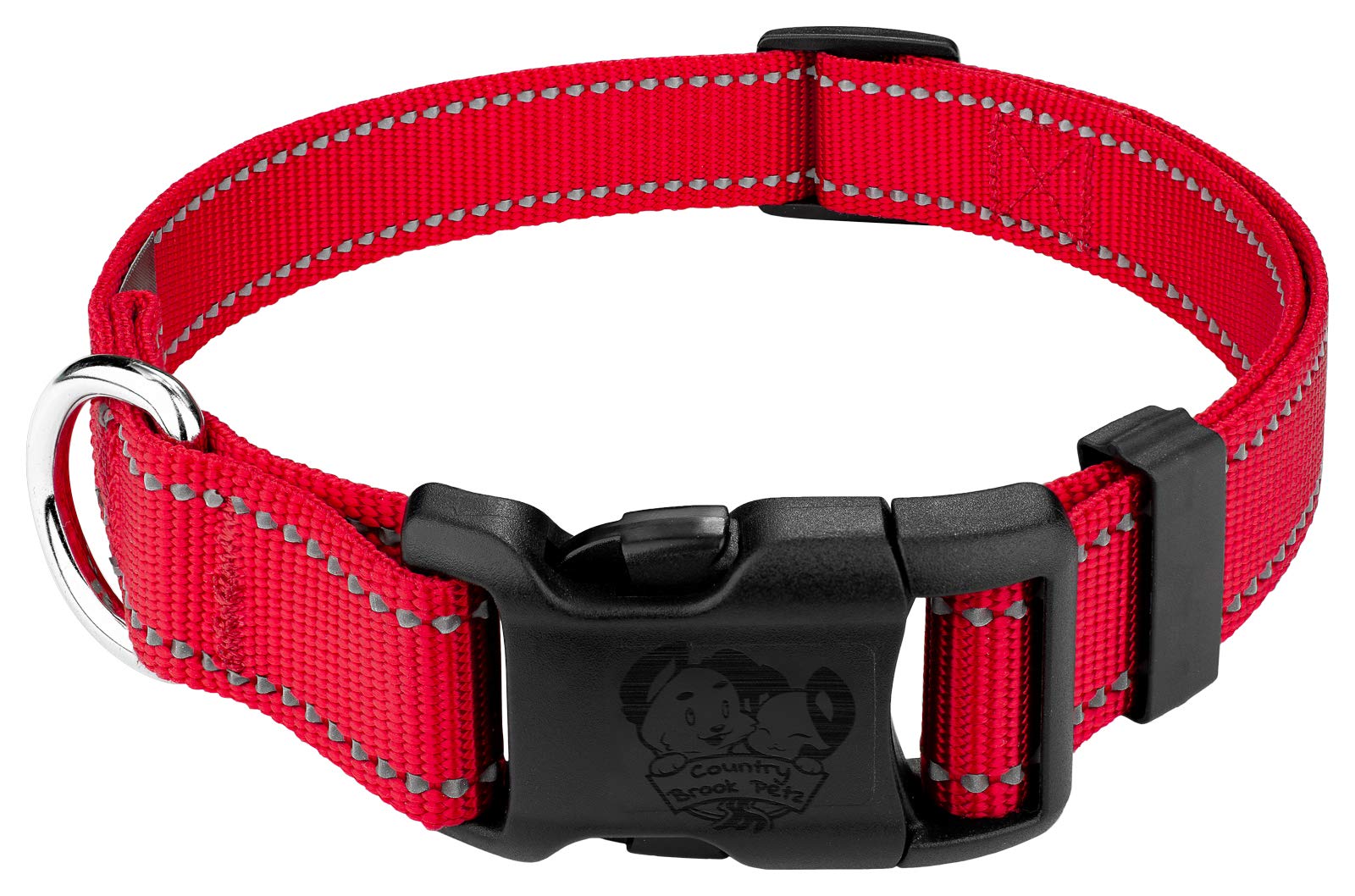 Country Brook Petz - 1 Inch Deluxe Red Reflective Nylon Dog Collar - Medium