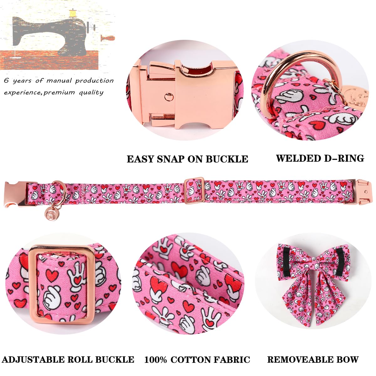 Dogwong Pink Heart Sailor Bow Dog Collar - Small, Cotton, Decorative, Unisex, Everyday Wear & Special Occasions