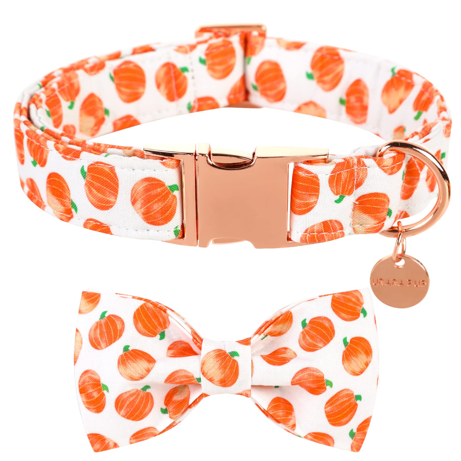 Up Urara Pup Halloween Dog Collar With Bow Tie, Pumpkin Cotton Bowtie Collar For Puppy Girl Boy Dog Or Cat, Fall Dog Collar Bowtie With Metal Buckle, Adorable Pumpkin Pet Collar, Xs, Neck 8-12In
