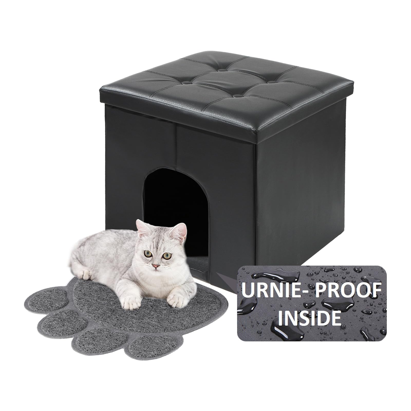 Meexpaws Cat Litter Box Enclosure Furniture Hidden, Small Cat Washroom Bench Storage Cabinet 20'' X 20'' X 20''| Dog Proof | Waterproof Inside | Easy Clean | Easy Assembly | Odor Control(Black)