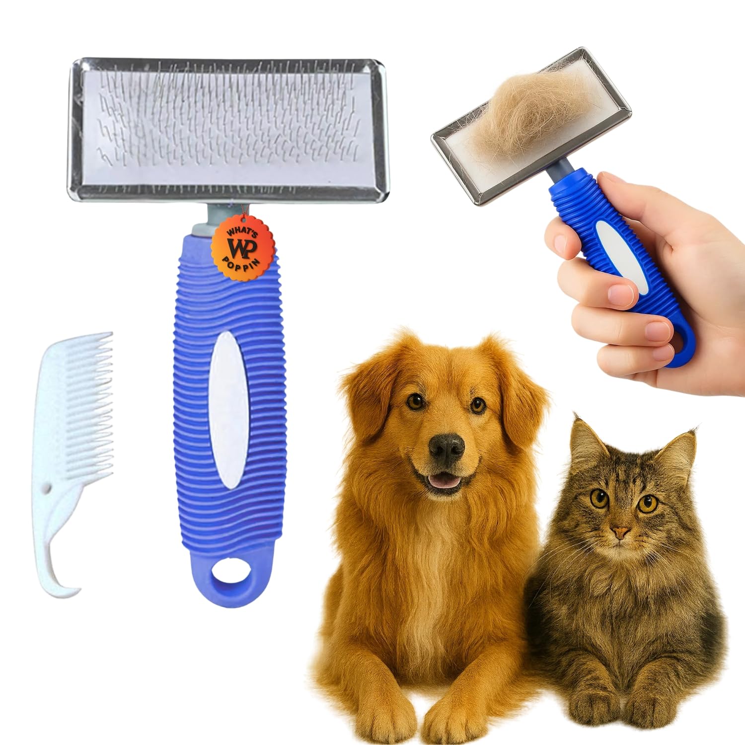 WhatS Poppin Deshedding Tool Kit For Pets With Metal Pin Slicker Brush & Small Fine Tooth Comb | Double Grooming Set For Dogs &