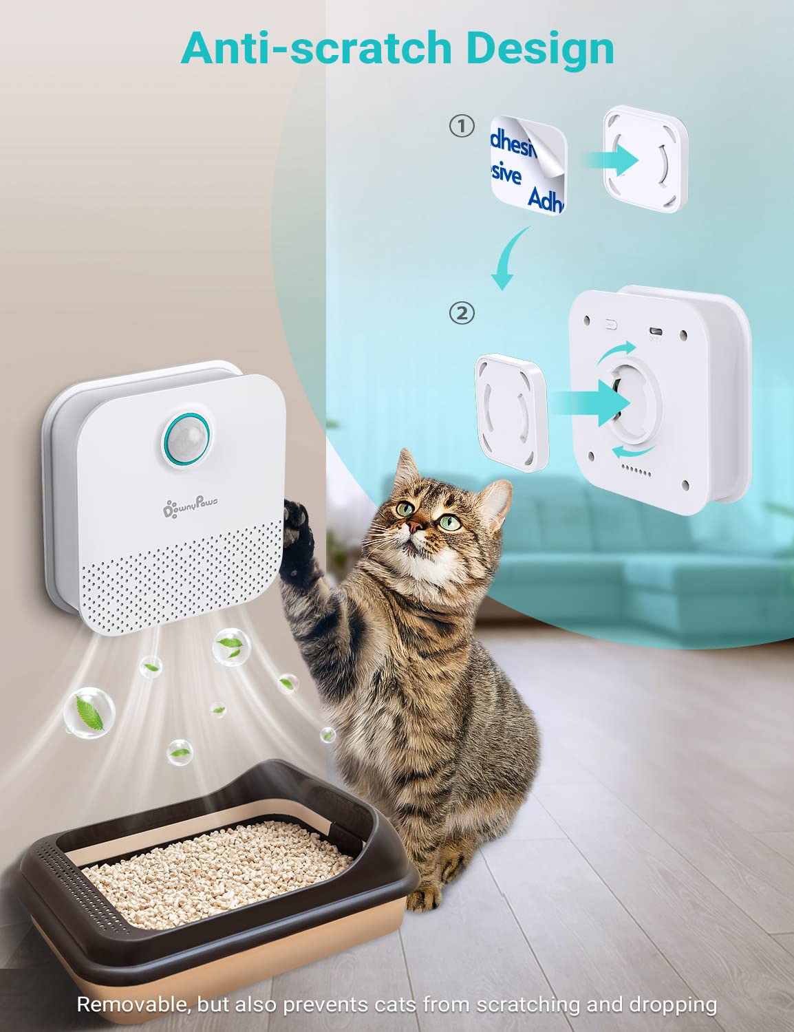 DownyPaws Cat Litter Deodorizer, Rechargeable 4000mAh, Dust-Free, 14-Day Battery Life, 7.05 oz - Odor Eliminator for Cat L