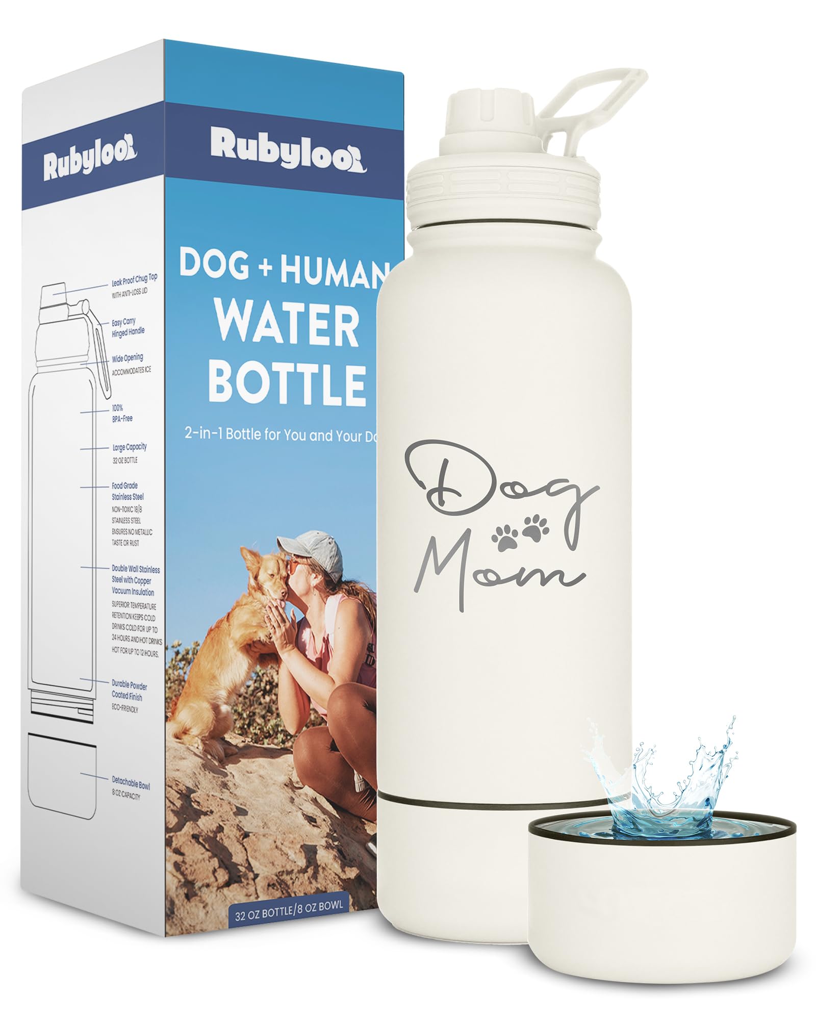 Dog Water Bottle for Dog Moms - 32 oz Stainless Steel Double Wall Insulated Water Bottle with 8 oz Detachable Bowl - Ideal Gift 