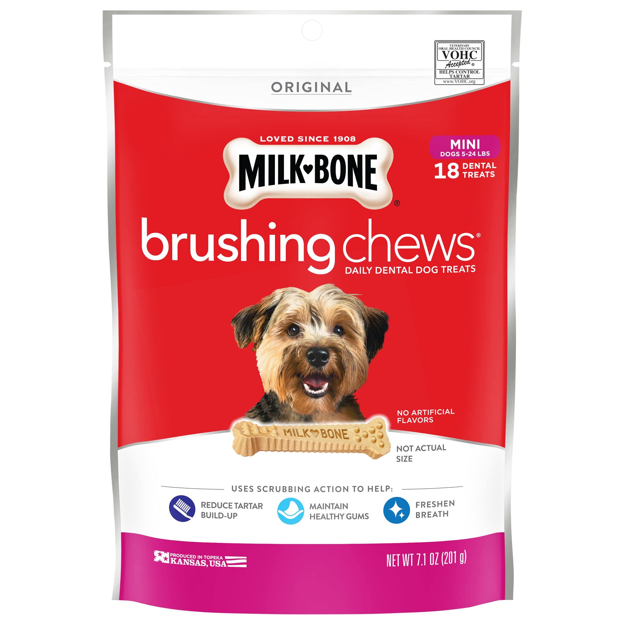 Milk-Bone Original Brushing Chews, 18 Mini Daily Dental Dog Treats (Pack of 5) Scrubbing Action Helps Clean Teeth