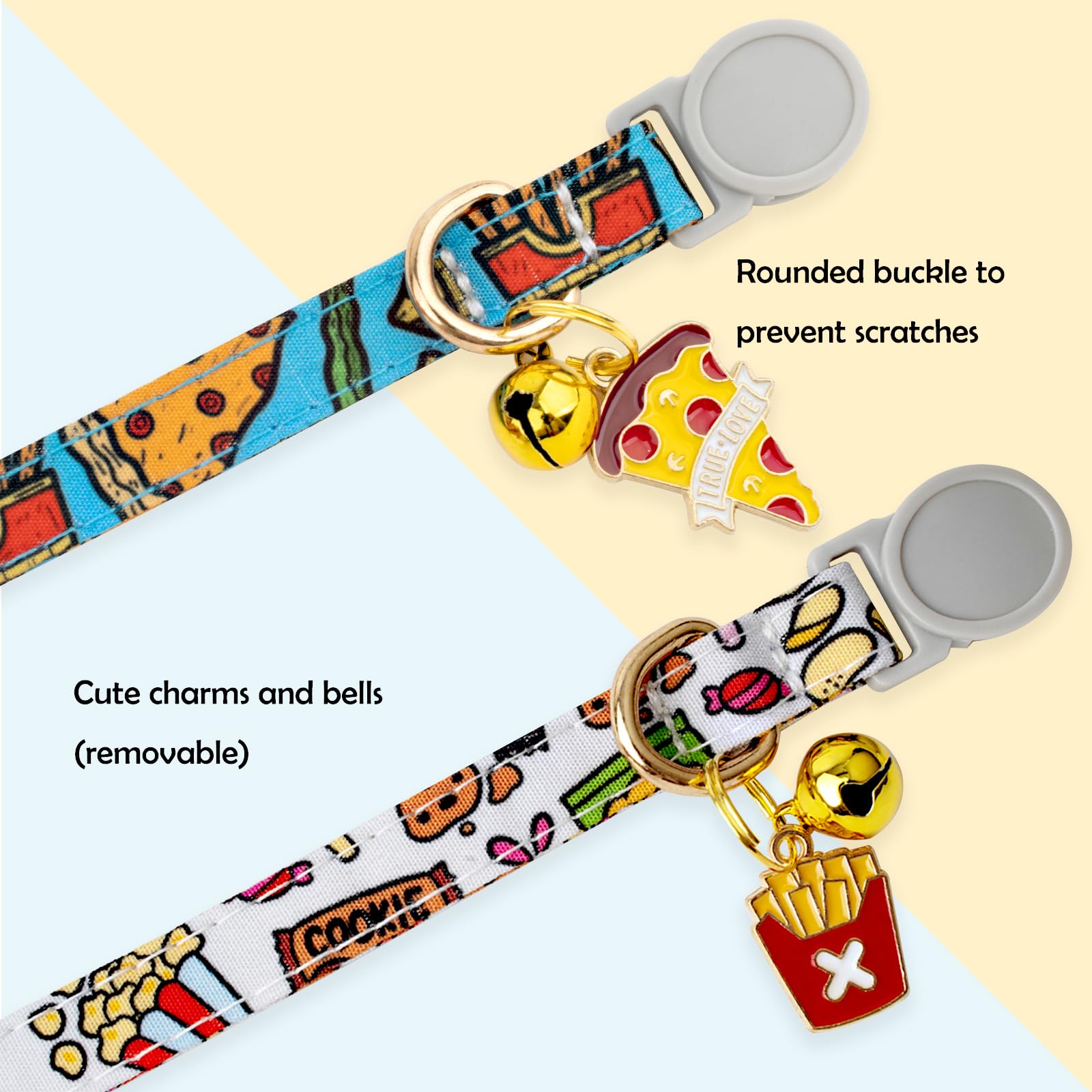 Faygarsle 2 Pack Breakaway Cat Collar With Bells For Female Malel Cats Cute Blue White Collar With Pizza Fries Charm For Cats