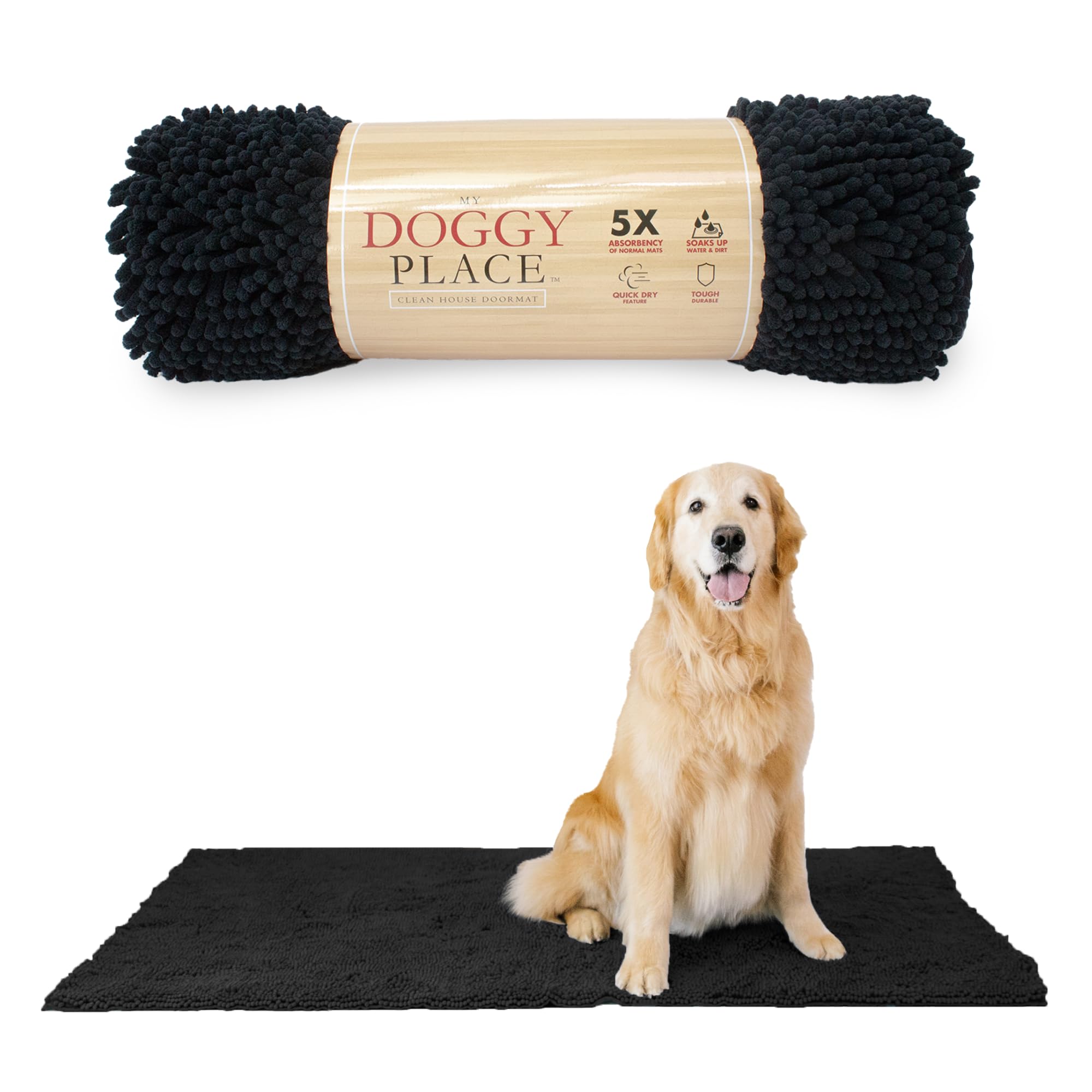 My Doggy Place Microfiber Dog Mat for Muddy Paws, 60 x 36 Black - Non-Slip, Absorbent and Quick-Drying Dog Paw Cleaning Mat, Was