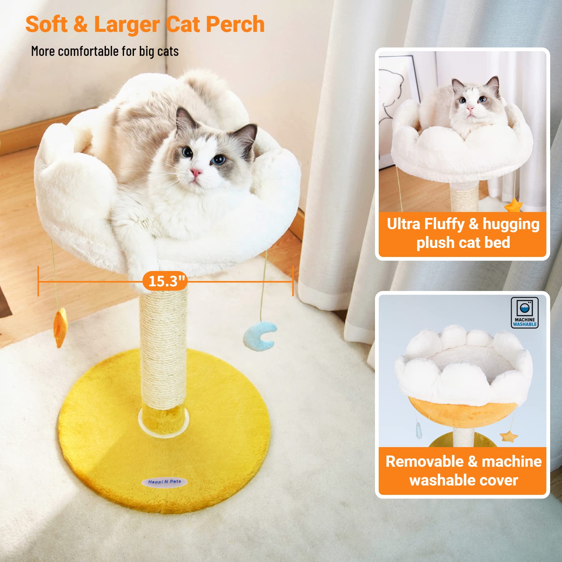 Happi N Pets Large Cloud Cat Scratching Post & Bed, 28" White Sisal Cat Tree with Soft Perch & Balls, Model DB10